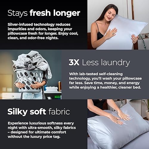 Miniatura 6 de Juego de fundas de almohada de satén con infusión de plata, paquete de 2 fundas de almohada refrescantes suaves y sedosas con tecnología Silvery