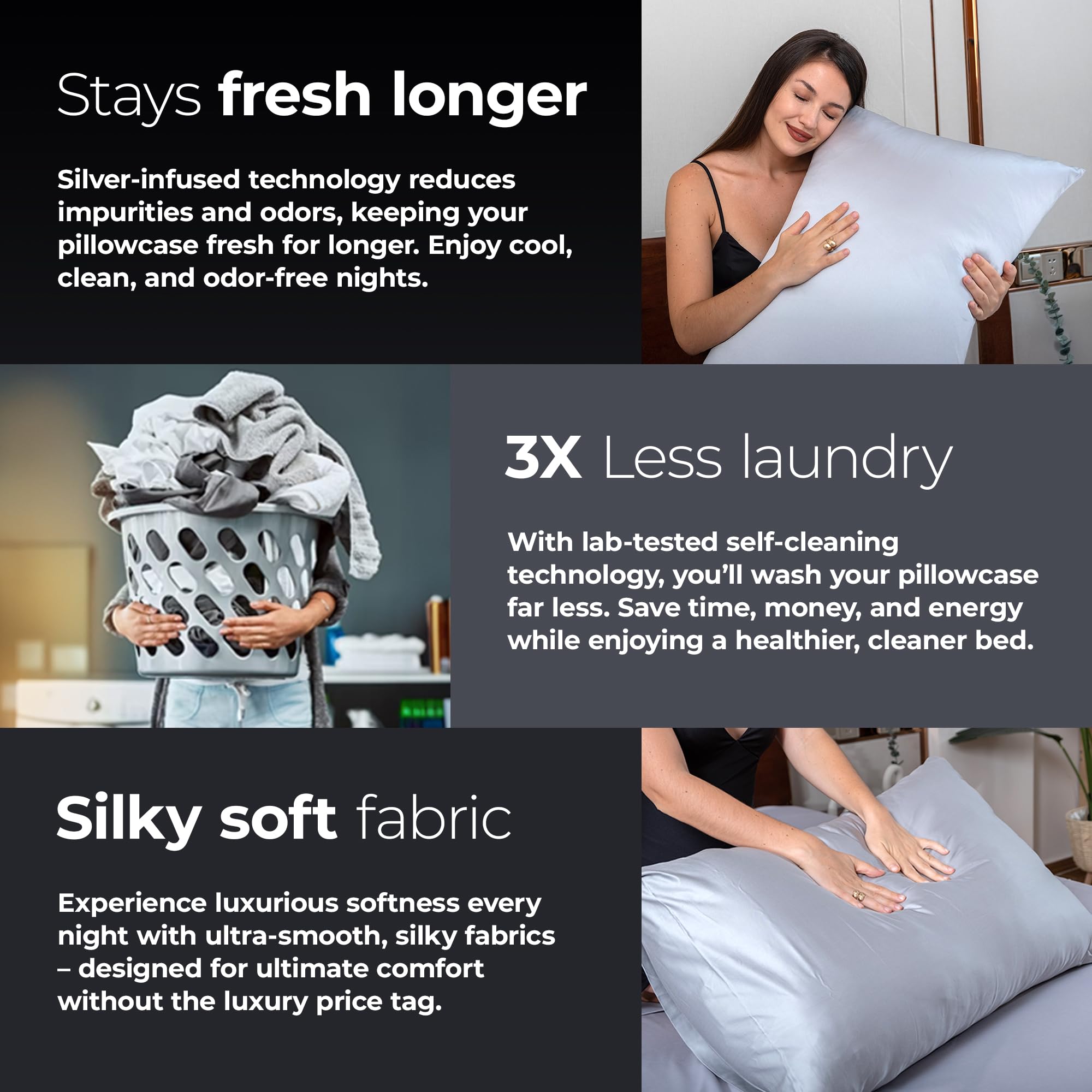 Silver Infused Satin Pillowcases Set – 2 Pack Silky Soft Cooling Pillow Cases with Self-Cleaning Silvery Technology™ for Hygienic Sleep – Better Than Silk for Hair and Skin, Size Queen 20x30”