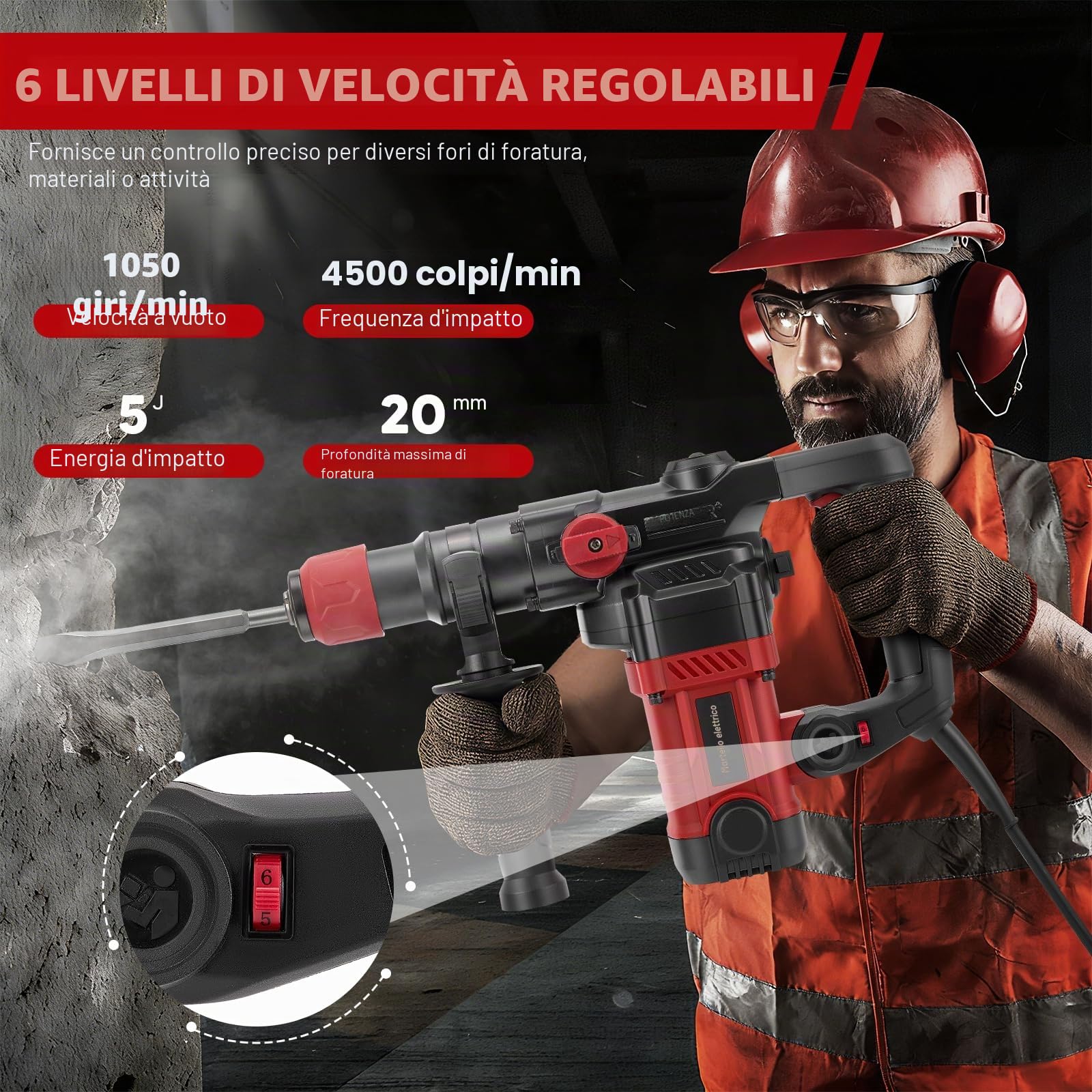 1200W martello demolitore,5J Energia d'impatto,6 livelli regolabili,Velocità al minimo 1050 giri/min,con 4 punte SDS plus 6/8/10/12 mm, trapano multifunzionale Impugnatura antivibrante