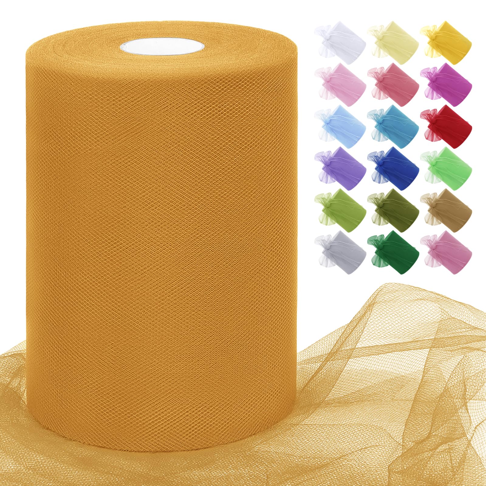Uiopa Golden Yellow Tulle Fabric Roll 15cm x 91m Polyester Netting Fabric Mesh Tulle Ribbon for Tutu Skirts, Gift Wrapping, Birthday/Party/Wedding Decoration, DIY Projects