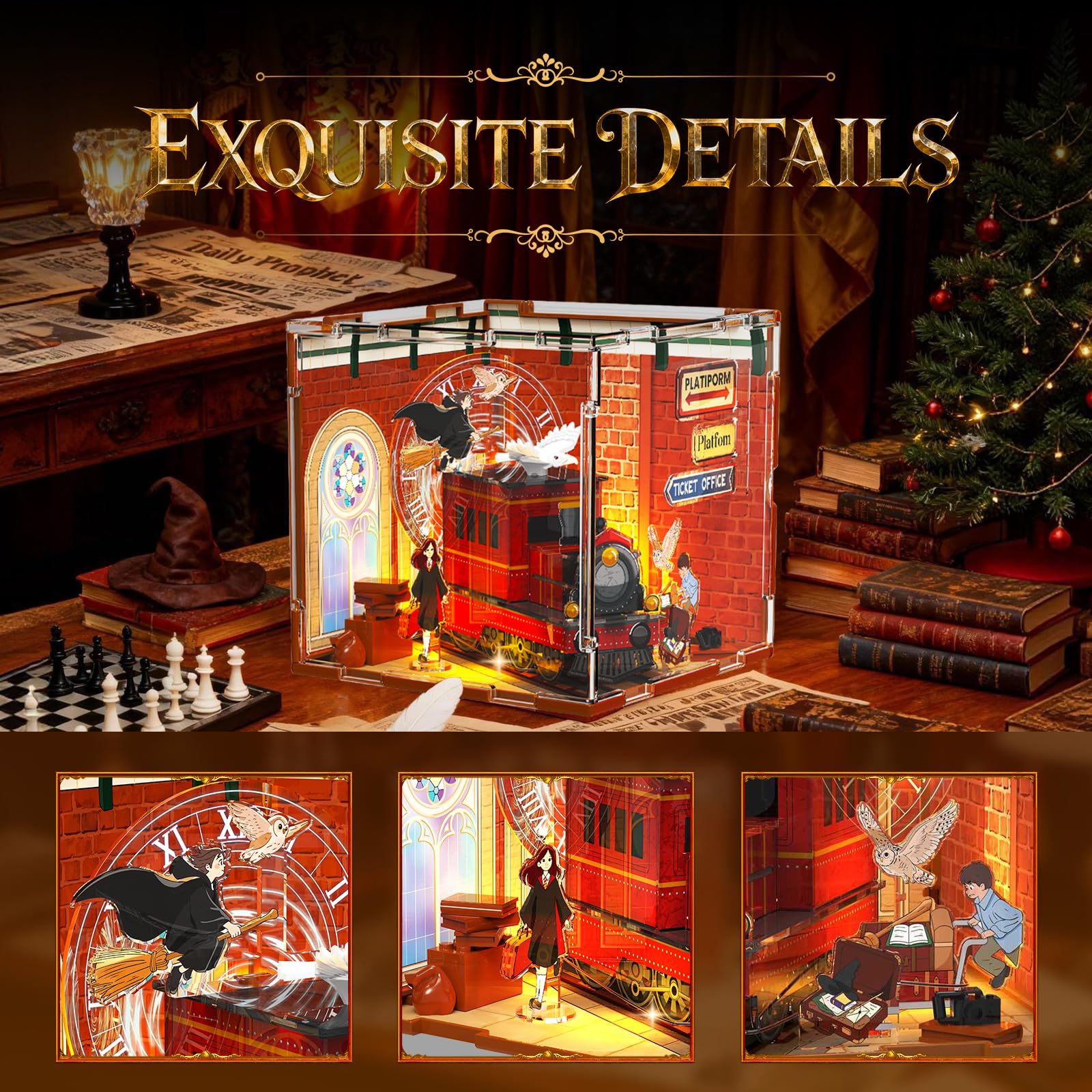 Sosuy Magic Train Station Book Nook Kit: Acrylic Train 3D Puzzle Model with Lights, Magical Platform Scene Wizard - Image 3
