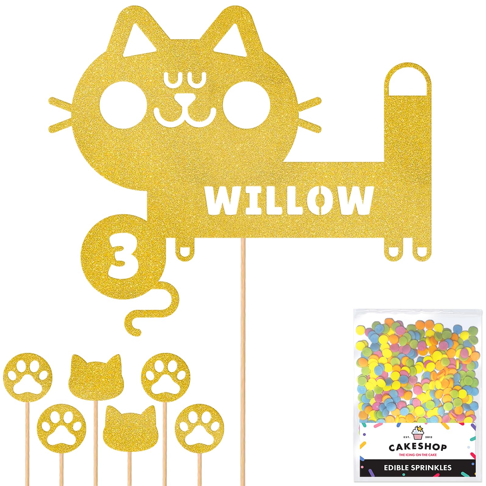 Personalised Birthday Cat Kitten Glitter Cake Topper- Gold Any Name & Age Glitter Cake Decoration and Sprinkles - Happy Birthday Decorations - Personalised Toppers for Cakes by Cakeshop — image 1