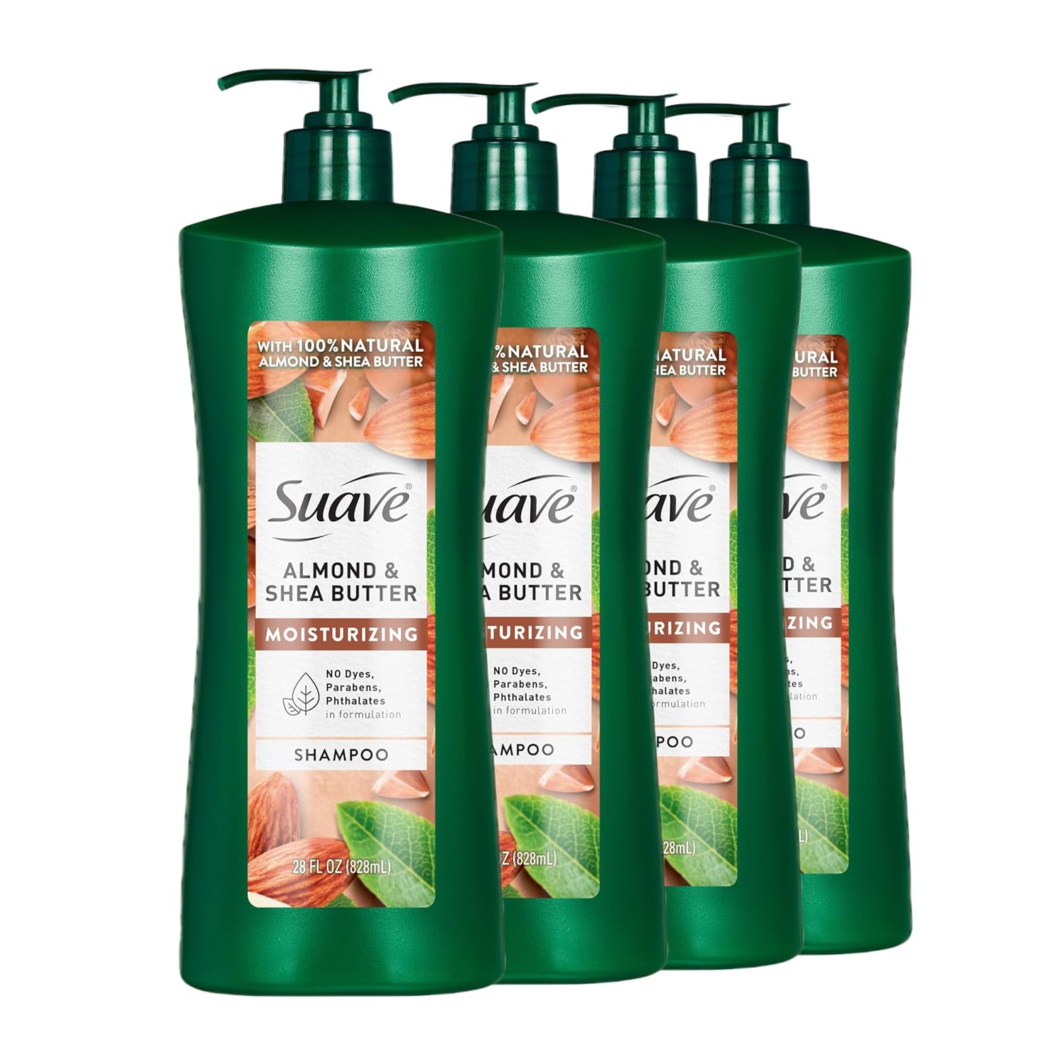 Suave Moisturizing Shampoo With 100% Natural Almond & Shea Butter, Replenishing Hair Care For Dry, Damaged Hair No Parabens, Phthalates, or Dyes, 4 Pack, 28 FL OZ EA