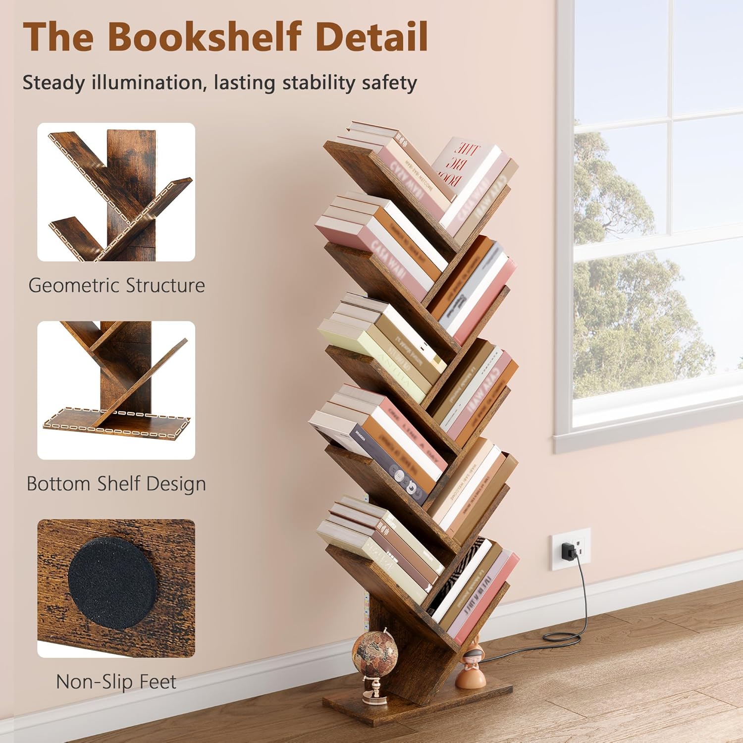 Hoctieon 10 Tier Tree Bookshelf, Tall Bookcase, Freestanding Book Shelf with LED Lights, Display Floor Standing Storage Shelf, Book Organizer Shelves for Home Office, Living Room, Rustic Brown