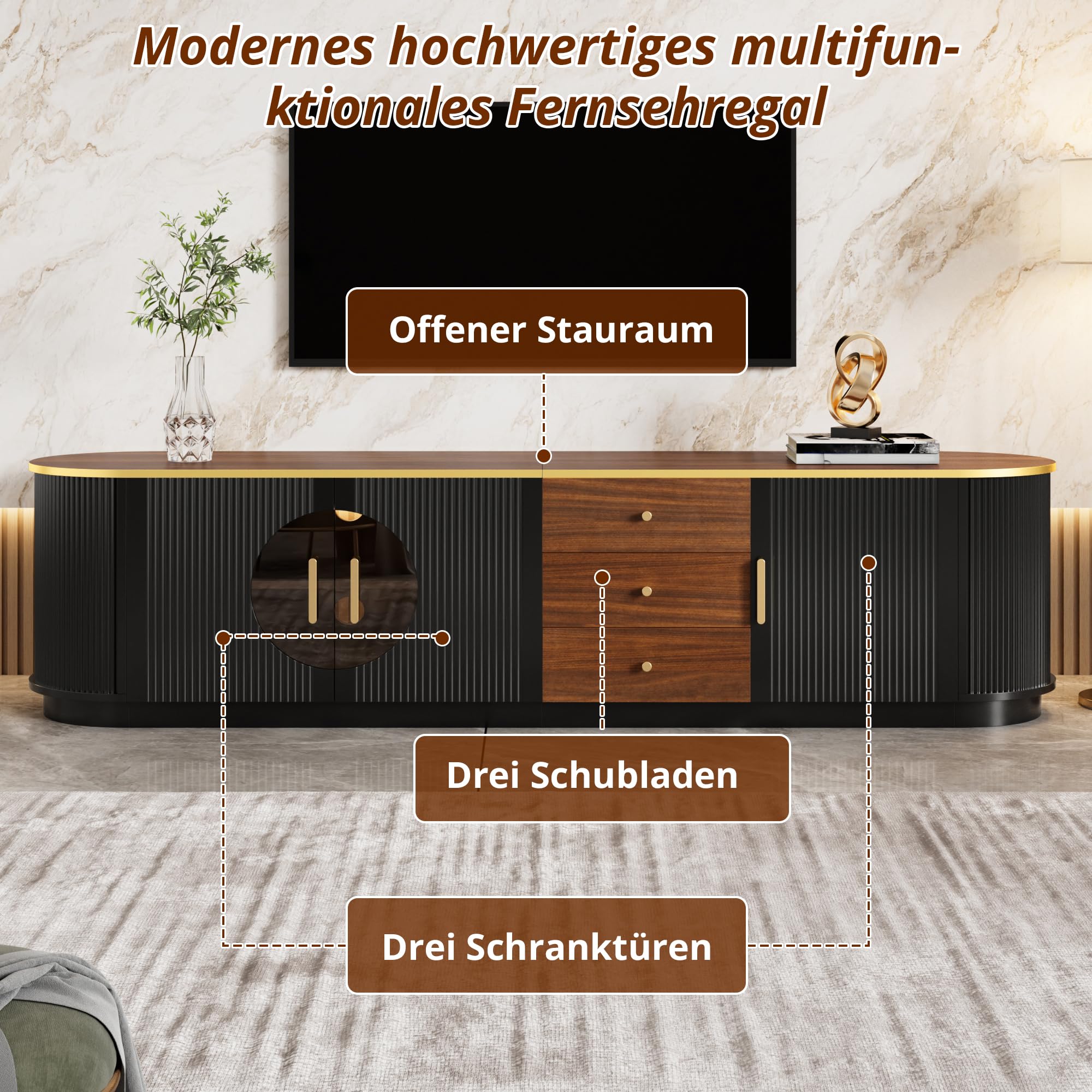 Luxusstil TV-Schrank, Lowboard, Braunes Glas, MDF-Korpus, Aluminiumgriffe, abgerundete Kanten, vertikale Rillenoptik