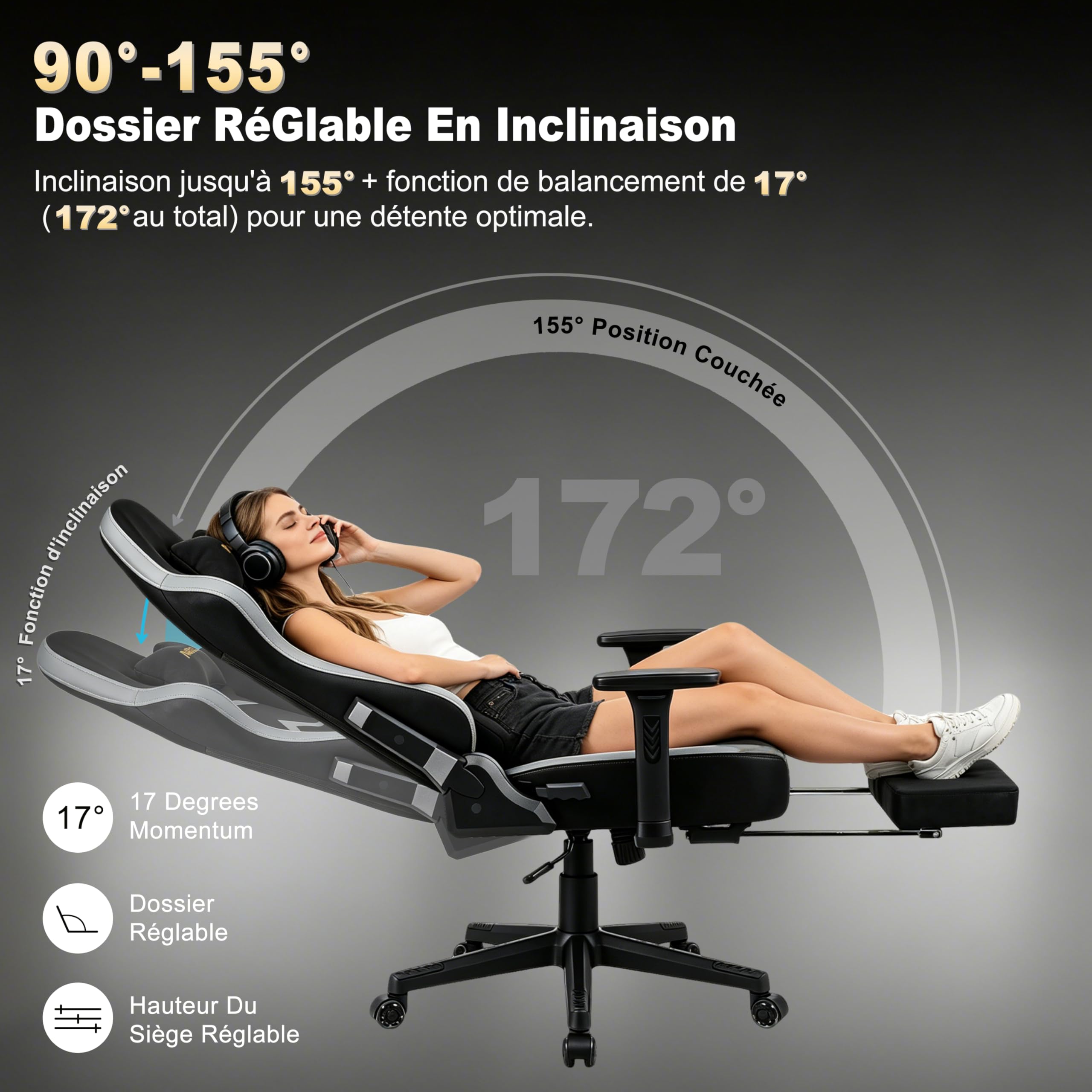 Andyou Chaise Gaming Chaise Bureau Chaise Ergonomique avec Repose Pied, Gaming Chair en Tissu Suédé, Dossier 90°-155°, Accoudoirs 3D Réglables, Fonction Bascule, Noir
