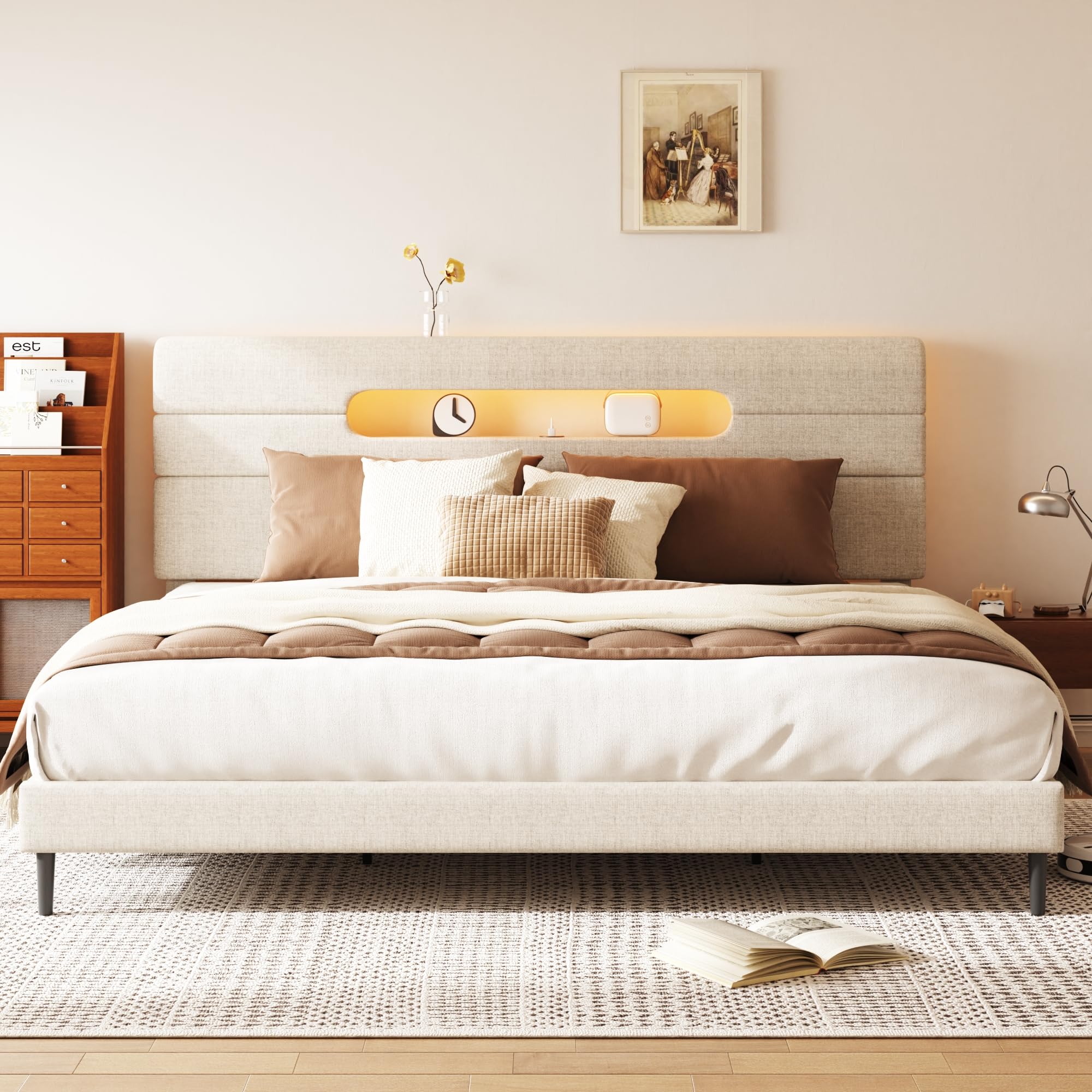 Photo 1 of *** MINOR DAMAGE– DIRTY FROM TRANSPORT***Sismplly King Bed Frame with Linen Headboard, Platform Bed Frame with Upholstered Headboard, Mattress Foundation, No Box Spring Required, Easy Assembly, Beige