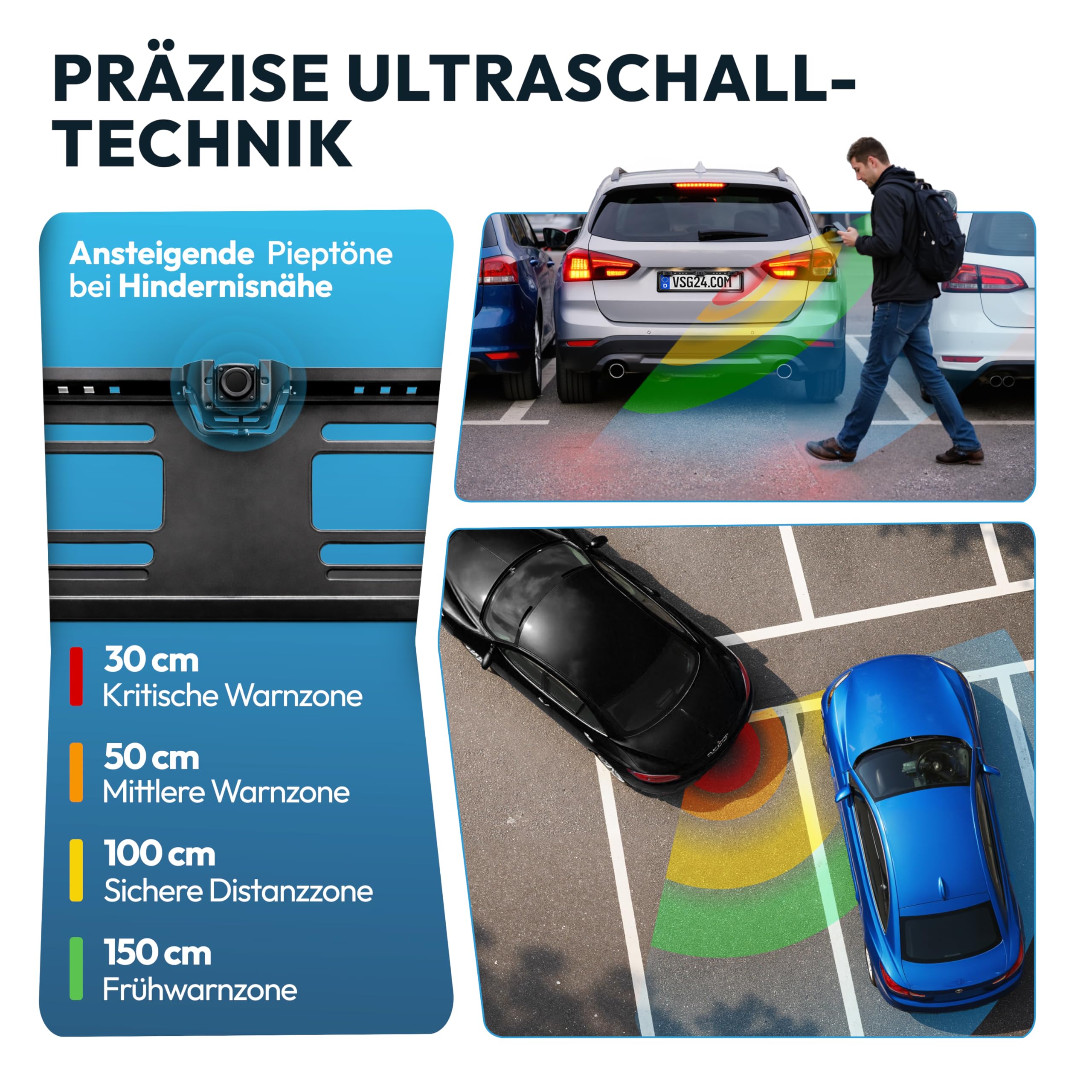 VSG24 Kennzeichen Einparkhilfe mit Display & Lautsprecher – robuste Parkhilfe vorne oder hinten mit 3 Sensoren – LED-Anzeige & akustischer Rückfahrwarner – 30–150 cm – 12V PDC Nachrüstset