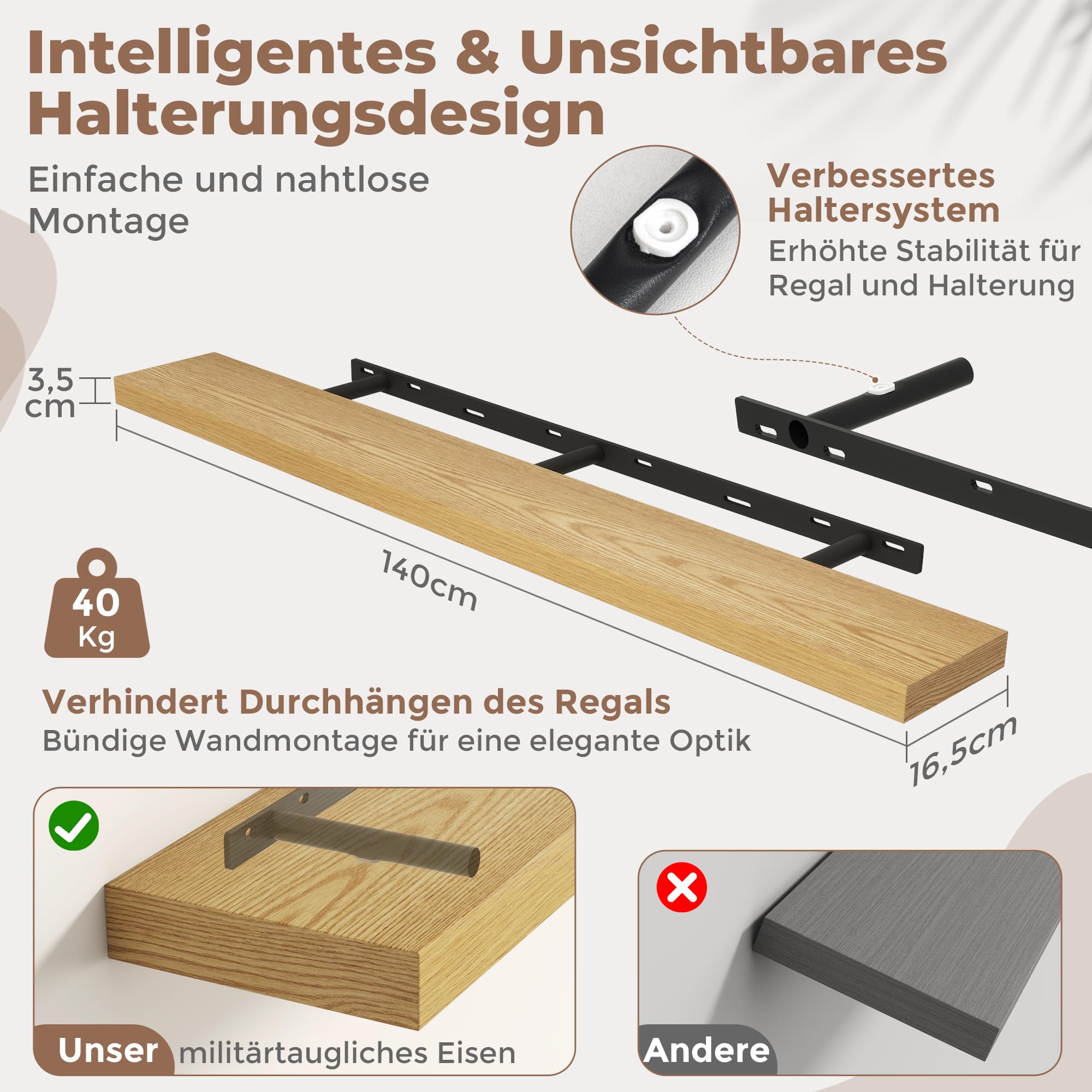 Marsmiles 140 cm Schweberegale, Wandregal, Regale, Eiche Natur Optik, 1Pcs