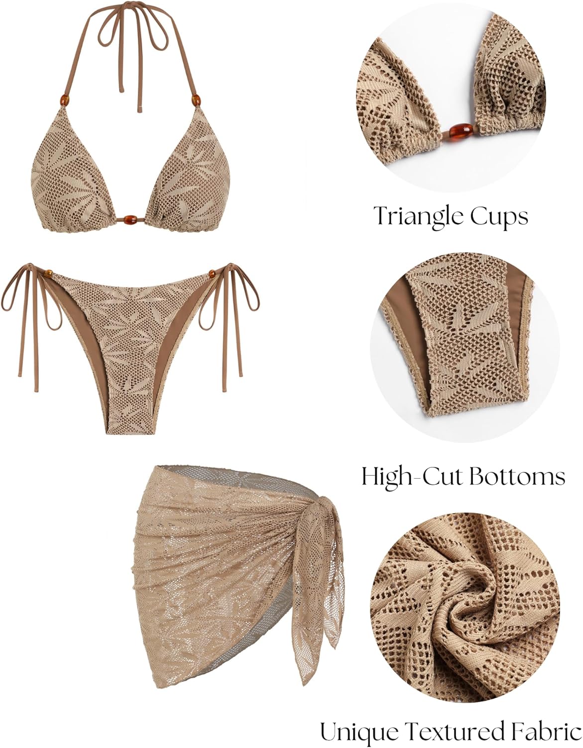 ZAFUL 3 Piece Swimsuits for Women Halter Triangle String Bikini Tie Side Bottoms with Sarong Coverups