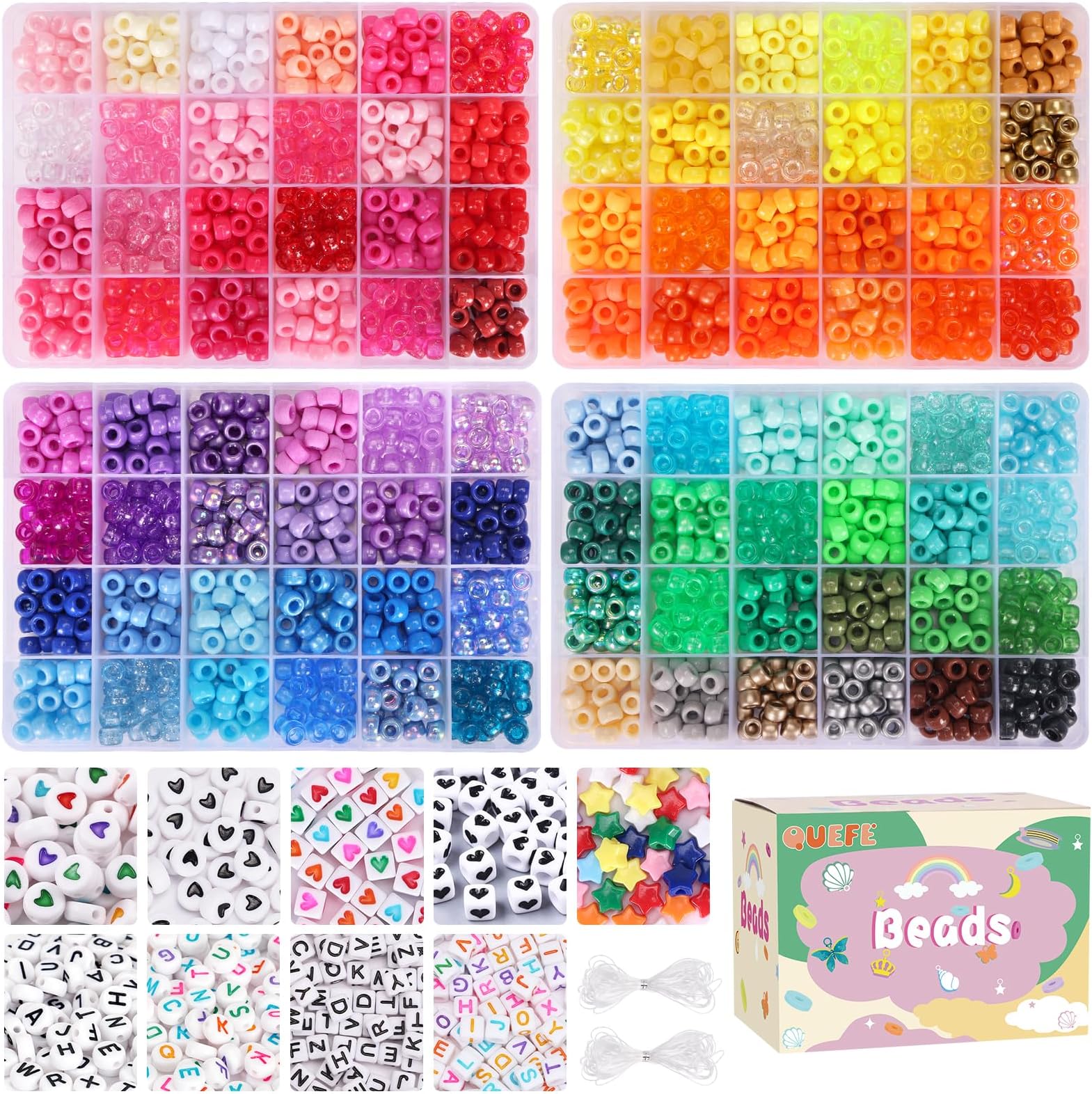 3250pcs Pony Beads Set, 2400pcs Rainbow Beads in 96 Colors, 800pcs Letter Beads and Heart Beads with 20 Meter Elastic Threads for Bracelet Jewelry Necklace Making