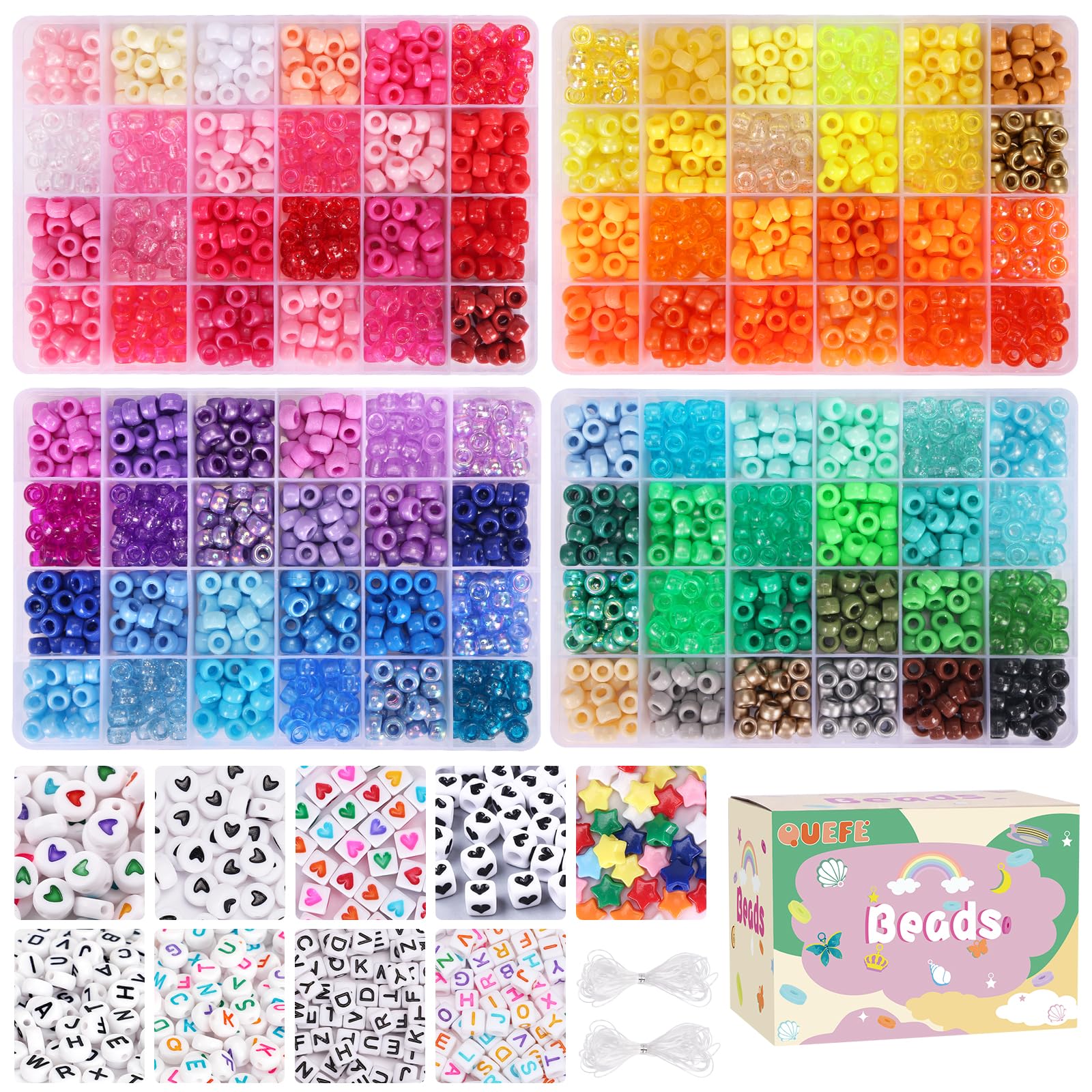 Quefe Kit de fabricación de pulseras de 96 colores, 3300 cuentas de pony con cuentas de letras | Cuentas acrílicas Kandi Rainbow para niños y adultos, llavero de joyería, collares, pulseras de amistad