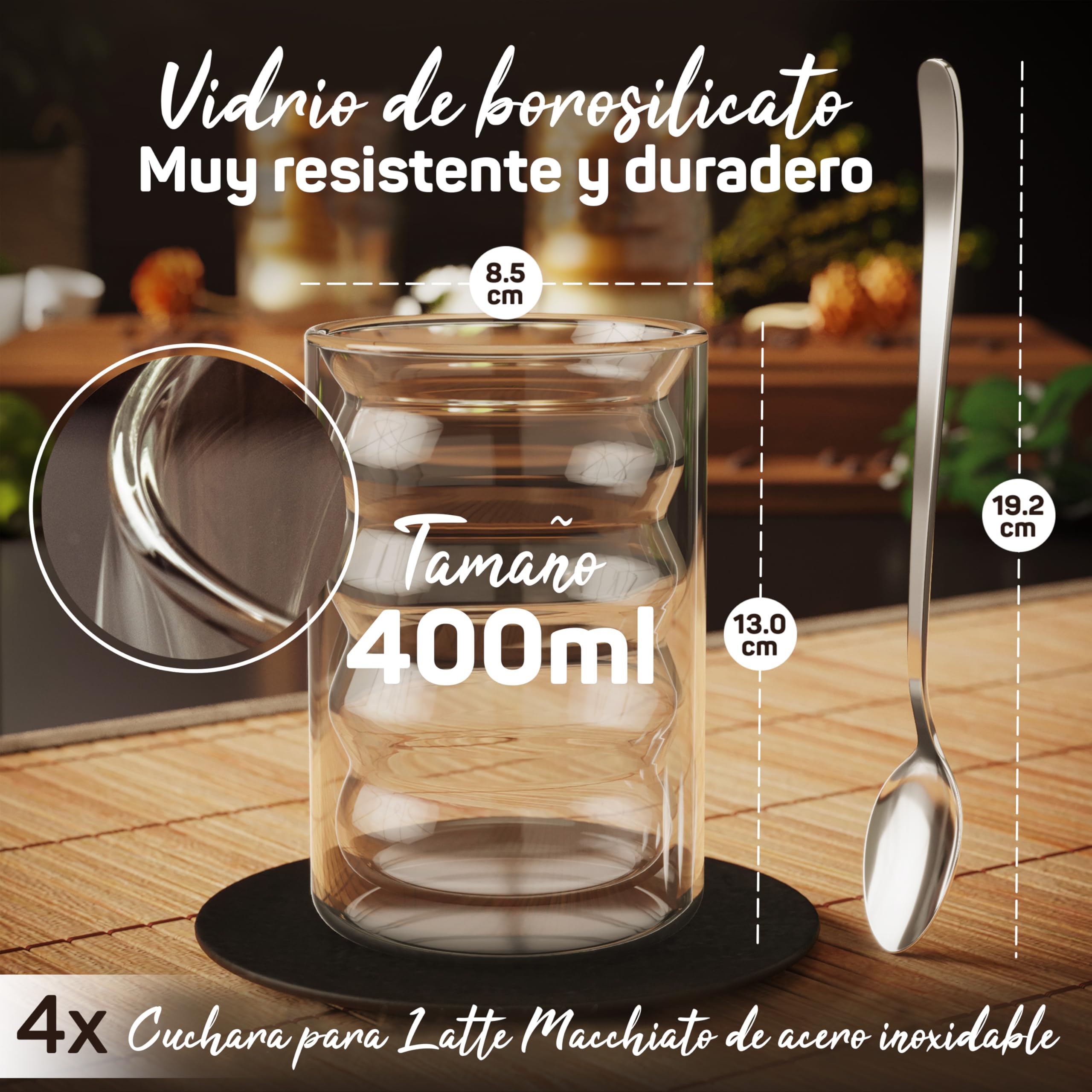 ElbFuchs® Vasos de cristal de doble pared Latte Macchiato [4×400 ml] vasos térmicos transparentes con cucharillas – para cappuccino, café & té