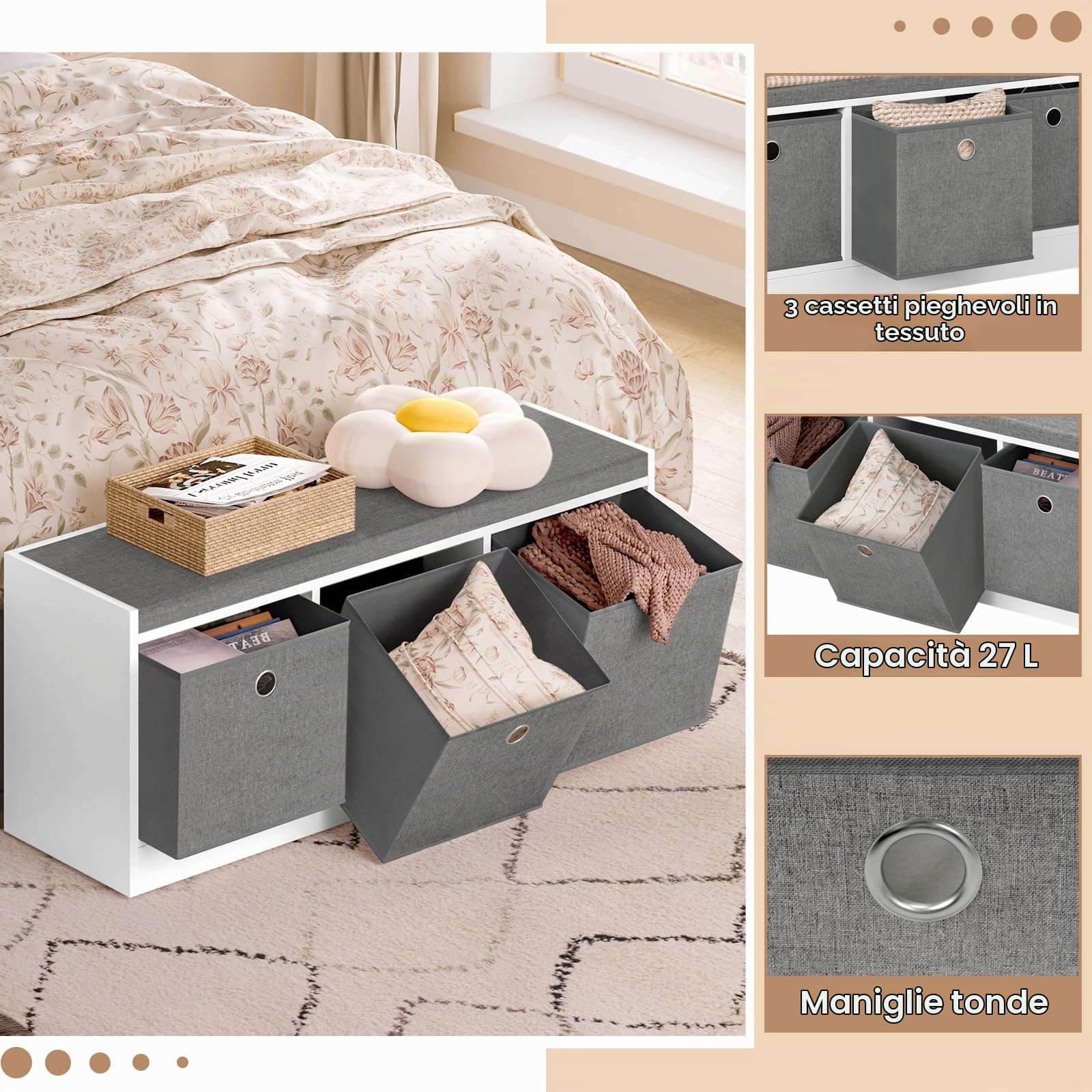 WOLTU Pouf Contenitore, Mobile da ingresso con 3 cassetti in Tessuto, Panca portascarpe con Sedile Imbottito, Scatola Portaoggetti Ottomana, per Soggiorno, Bianco+Grigio