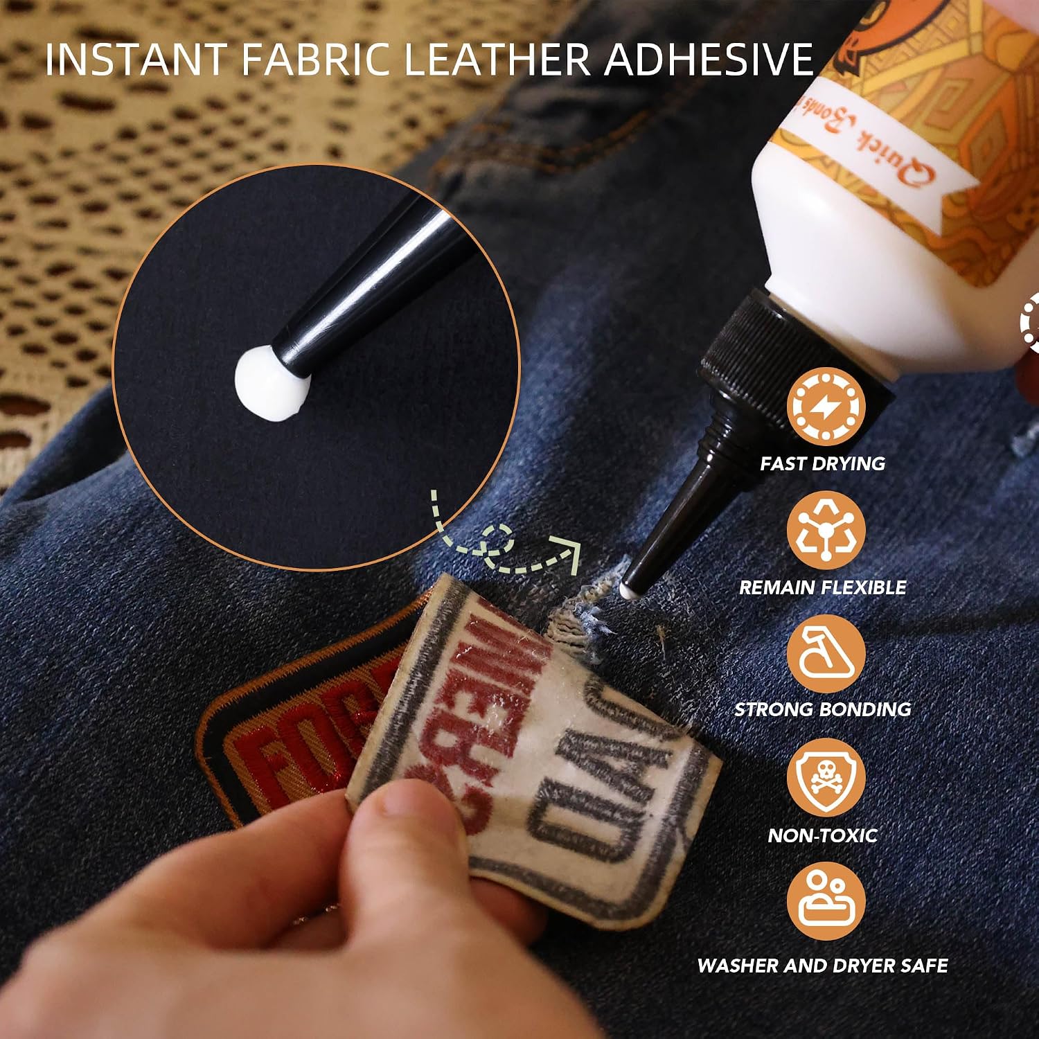 Instant Fabric Adhesive - Fast Drying Fabric and Leather Glue for Repairing and Patching, Strong Bonding Waterproof and Flexible - White, 6 fl oz