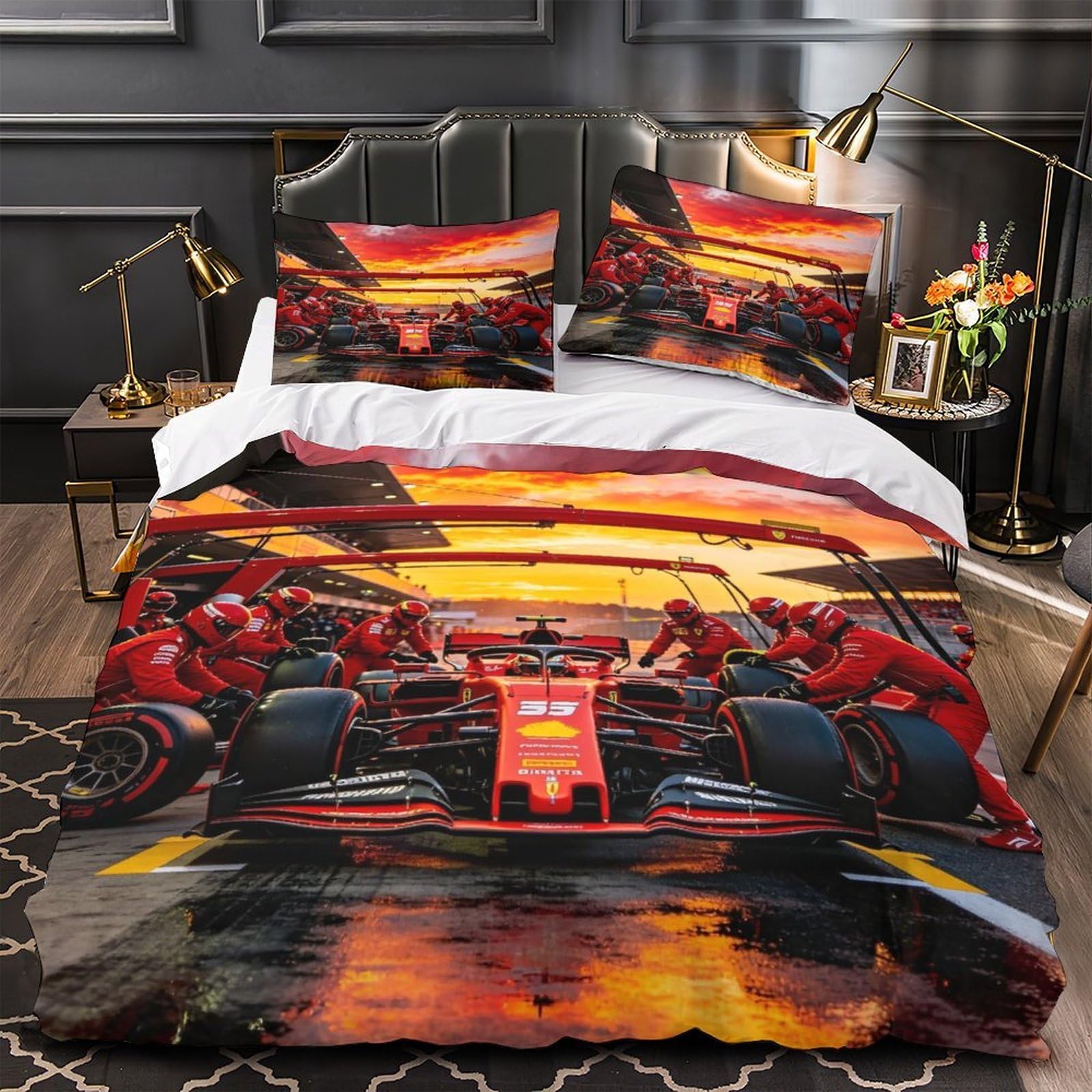 3U6C4M9K Washable Formulaa Racing Duvet Cover Set Super King（260x220cm）, Pit Stop Quilt Cover Set with Pillowcases, Soft Microfiber Bedding Set