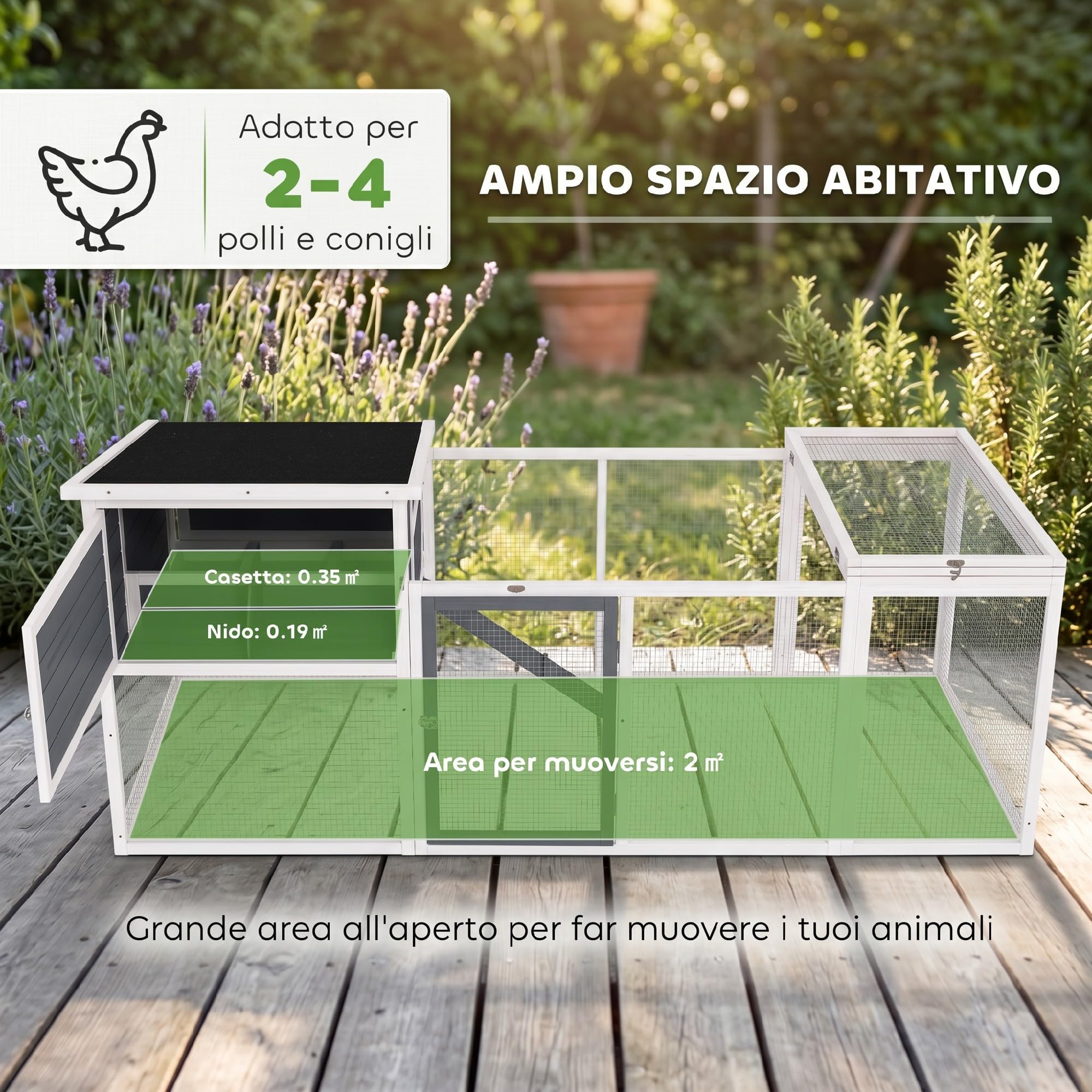 PawHut Pollaio per Galline Ovaiole Esterno con Nido 214x101x91.5cm Grigio | Casetta, Tetto Impermeabile Apribile, Vassoio Estraibile, Porte, Gabbia Recinto, per 2-4 Galline Conigli, in Legno