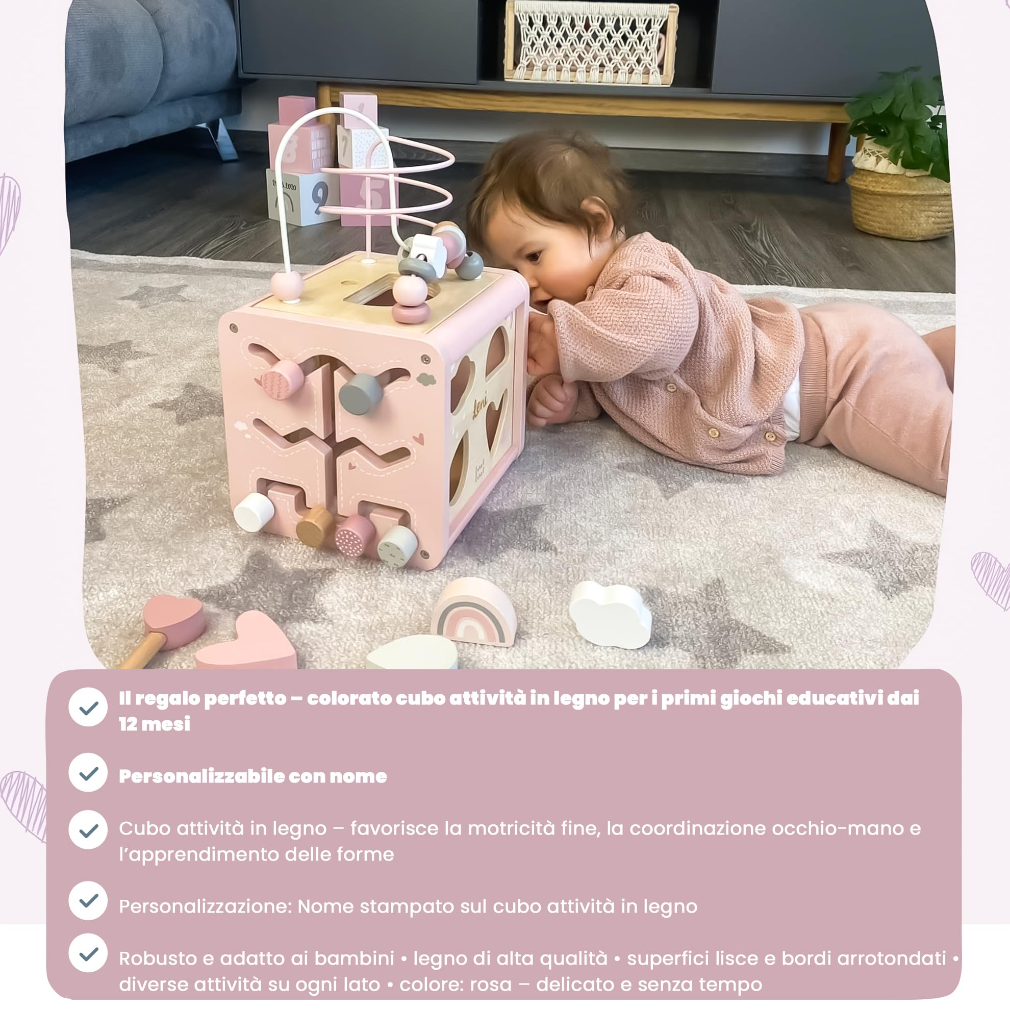 Personalizzabile cubo attività in Legno FSC Rosa – incastri & motricità fine Stile Montessori – per Bambini 18+ Mesi – Personalizzato con Nome – Label Label