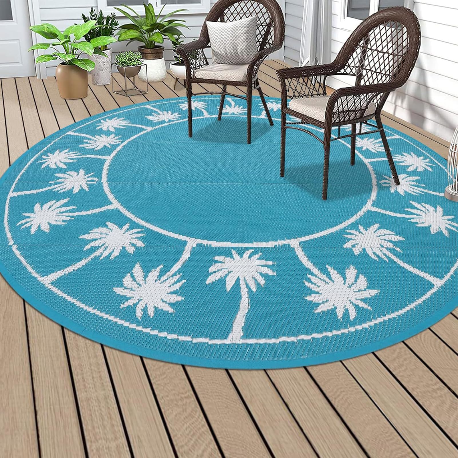 HGTRH Round Outdoor Rug 200cm, Round Garden Rug Large, Washable Foldable Crystal Velvet Outdoor Patio Rugs Weatherproof, Non Skid Outside Carpet for Backyard, Porch, Balcony, Deck