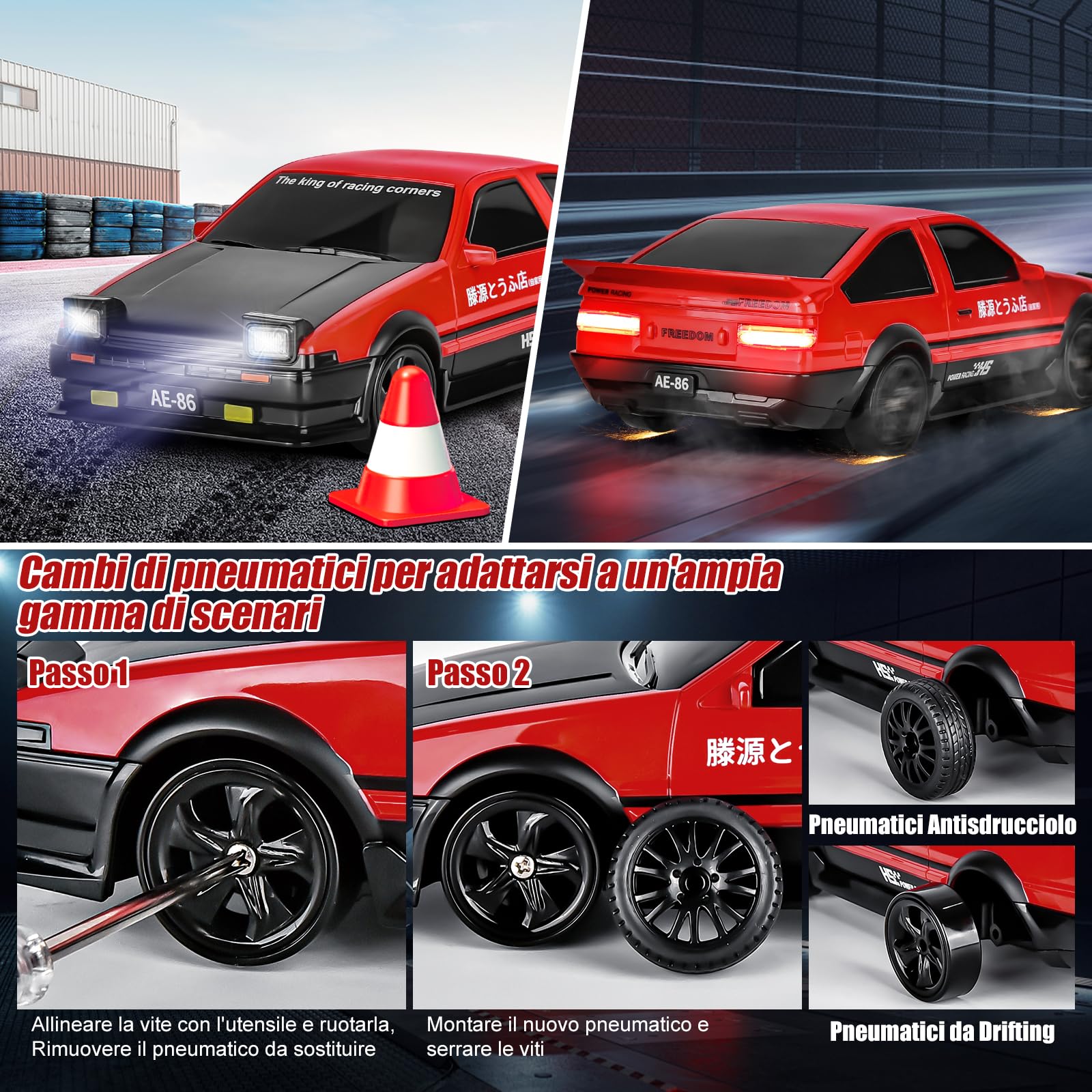 BuzzoXerex RC Drift Car, Mini Macchina Telecomandata Drift, 1/24 4WD Auto Telecomandata con Luce LED, 18km/h, Auto Giocattolo per Adulti e Bambini di Età Superiore agli 6 Anni (Rosso)