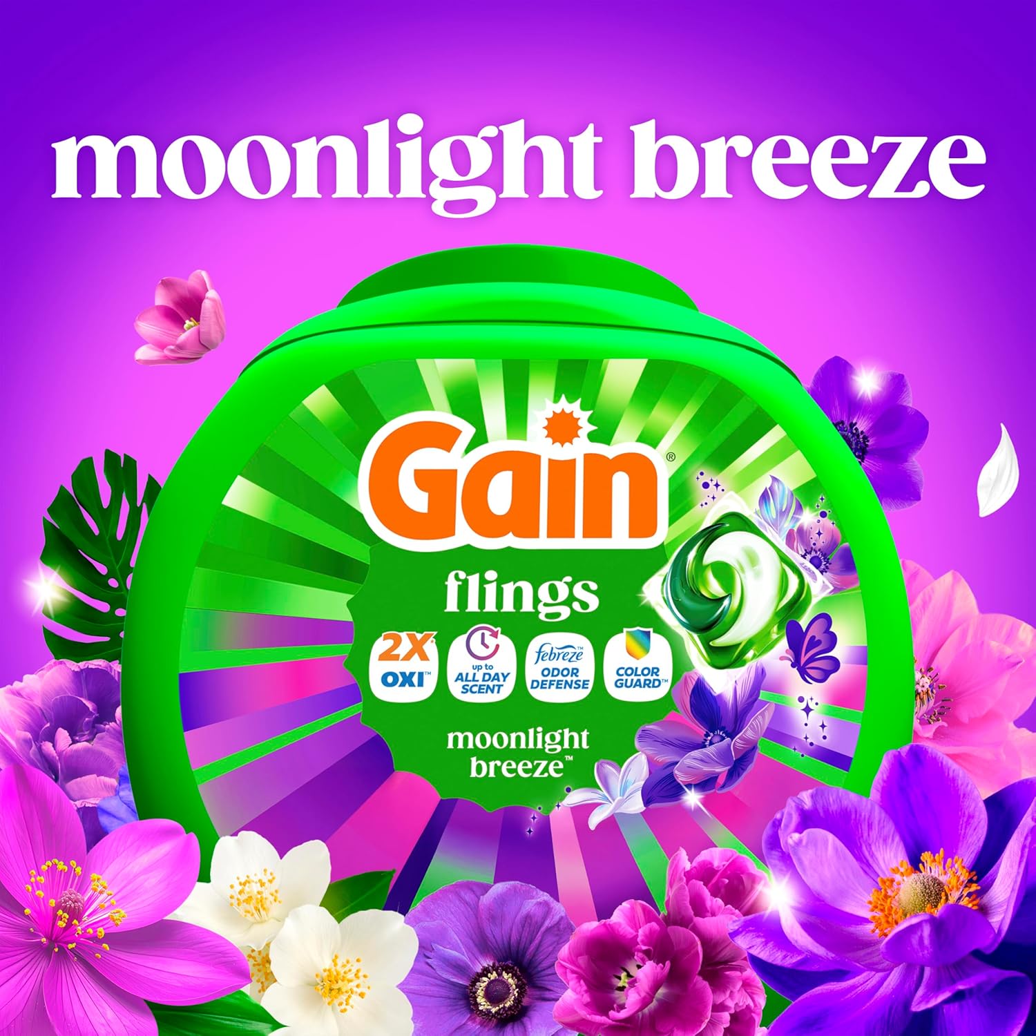 Gain Flings Laundry Detergent Pods Odor Defense + Color Guard, Moonlight Breeze Scent, 3 in 1 HE Detergent Pacs with Oxi Boost and Febreeze, 112 Count (Packaging May Vary)