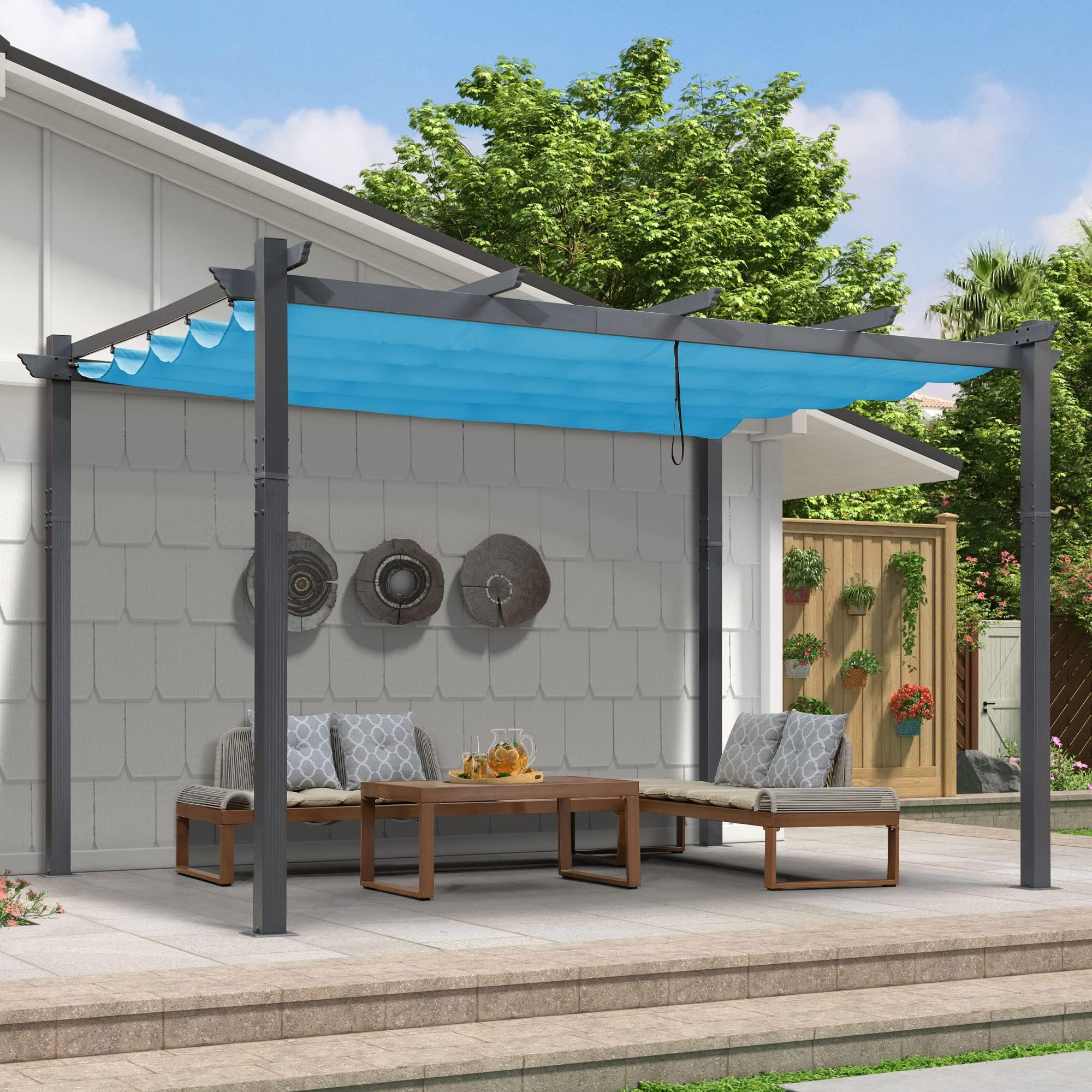 PURPLE LEAF 9.5' X 13' Outdoor Retractable Pergola Against The Wall with Shade Canopy Patio Aluminum Shelter for Garden Pavilion Grill Gazebo Modern Backyard Metal Grape Trellis Pergola Turquoise Blue