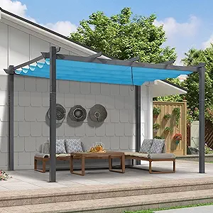 PURPLE LEAF 9.5' X 13' Outdoor Retractable Pergola Against The Wall with Shade Canopy Patio Aluminum Shelter for Garden Pavilion Grill Gazebo Modern Backyard Metal Grape Trellis Pergola Turquoise Blue