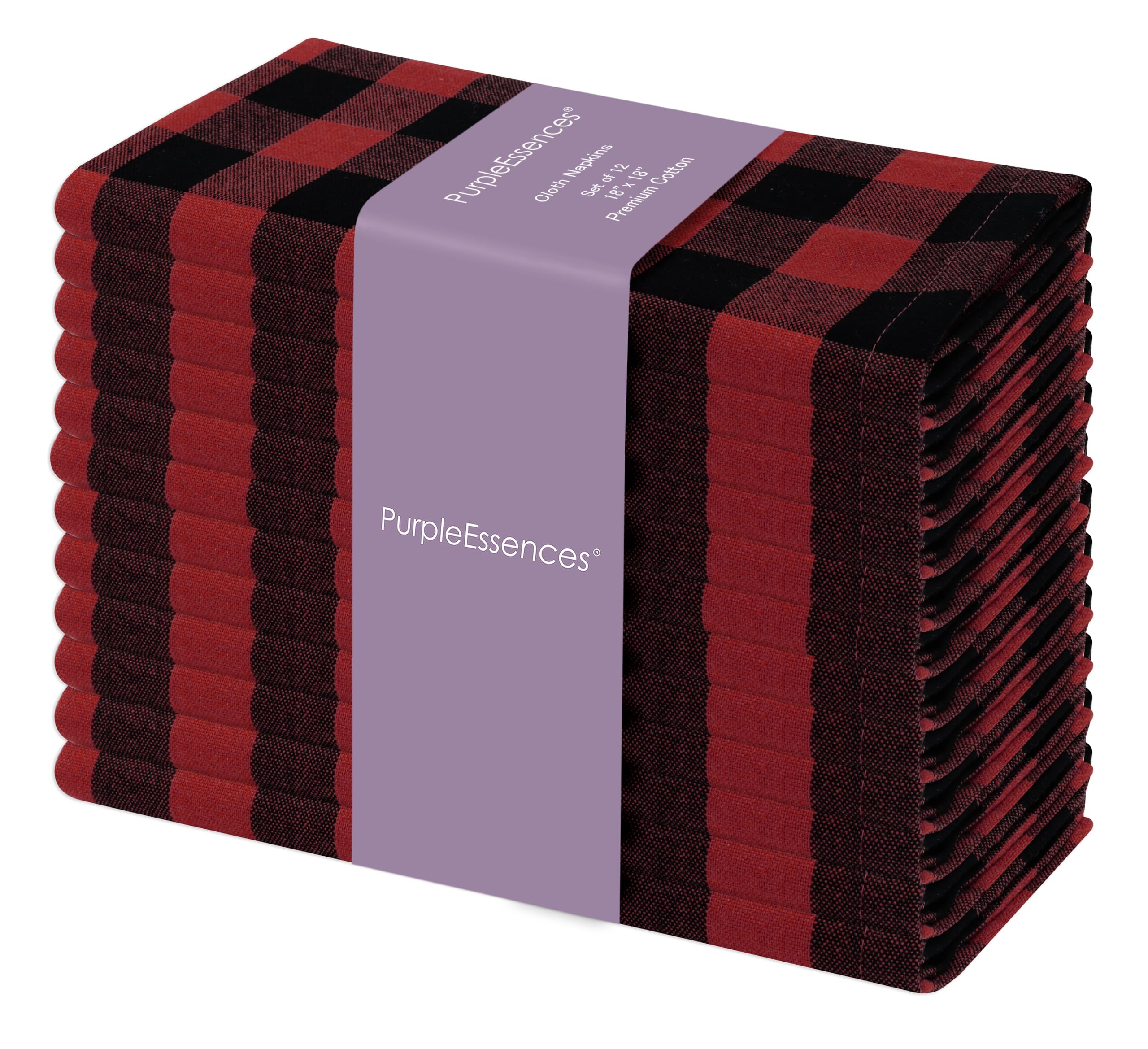 PurpleEssences Buffalo Plaid Cloth Serwetki - Ukośne Narożniki - Świąteczna Serwetka Gingham - Zestaw 12-100% Bawełna - Wielokrotnego Użytku Zmywalne - Czerwony i Czarny