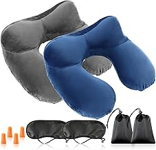 Inflatable Travel Pillow, 2 Pieces Neck Pillow with Ear Plugs and Mask, Travel Neck Pillow, Portable Inflatable Pillow for Airplane Car Camping Home