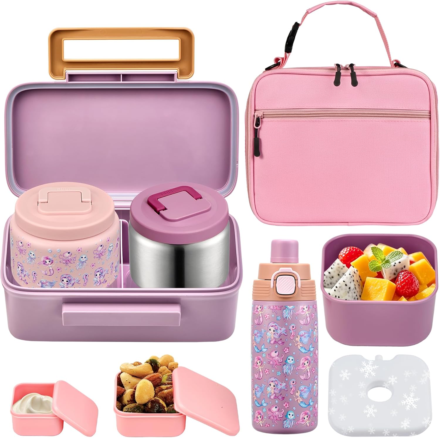 PIQUEBAR Bento Lunch Box for Kids with 2PK Thermo Ice Pack Lunch Food Container Bag, 18oz Sport Water Bottle for Kid Girls Boys (Pink Mermaid)