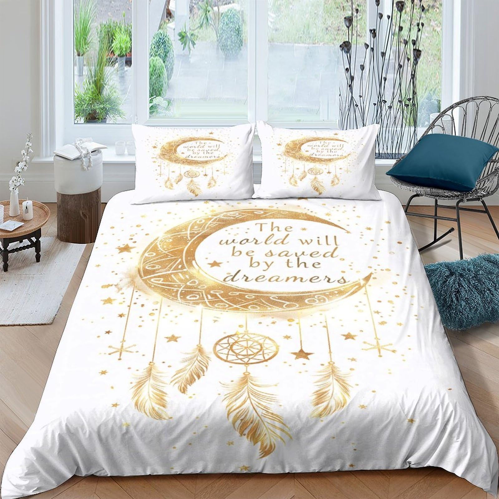 Ctjqhvkz Style-9 3D Printed Moon Dreamcatcher Fitted Sheet Microfiber Gold Boho Bed Cover Bedroom Decor Anti-Slip Machine Washable Single（135X200cm）