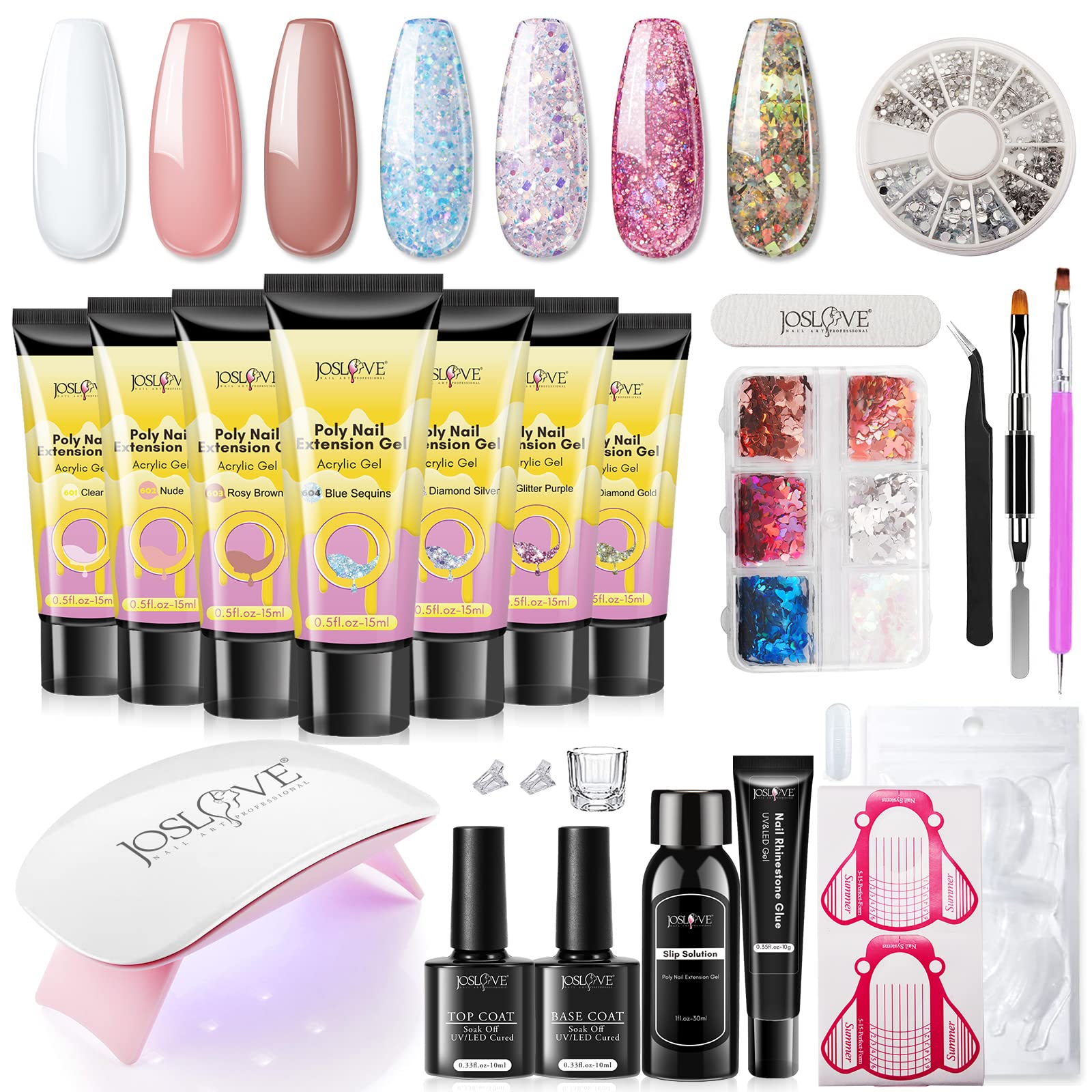 JOSLOVE Poly Extension Gel Nail Kit, 7 Colors Nail Extensions Gel Clear Nude Brown Glitter Series Poly Nail Colors Set with Mini Nail Lamp and Nail Art Tools All in One Kit for Beginner DIY at Home