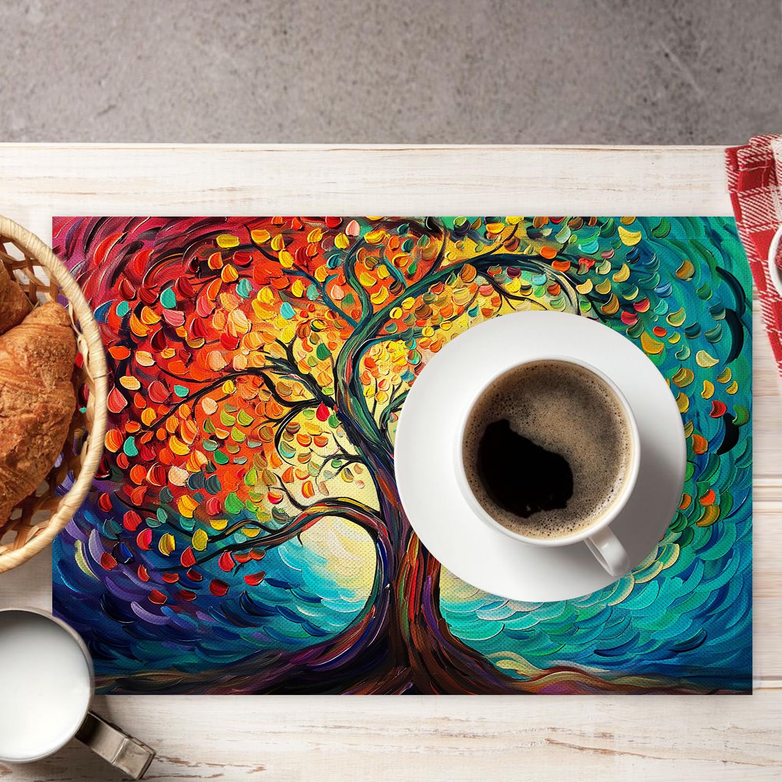 Set di 8 Tovagliette Americane Lavabili Cotone Lino Adornare - Tovaglietta Americana Resistenti al Calore Durevole Alberi colorati - per Colazione Pranzo 30×45 cm