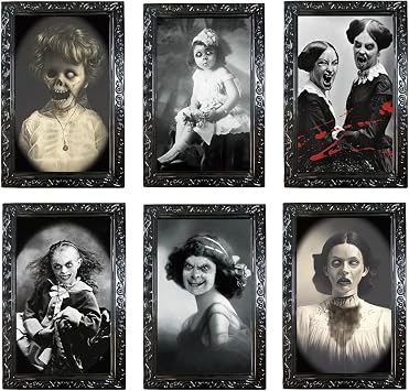 KUYYFDS Halloween Picture Frames 6PCS 3D Changing Face Portraits Halloween Scary Decorations Horror Pictures Animatronics for Haunted House Bar Decor, outdoor
