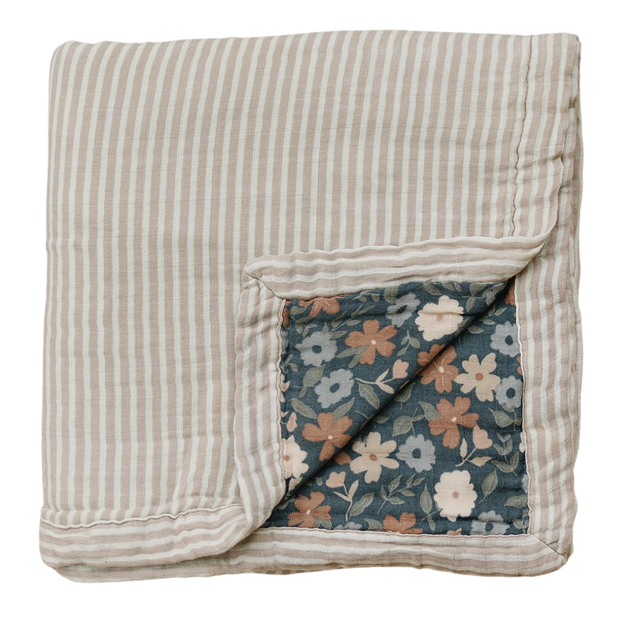Mebie Baby Muslin Quilt, Midnight Floral and Taupe Stripe, 100% Cotton Baby Blanket for Girls and Boys, Newborns to Toddler, Soft Swaddle Blanket, 47"x47"