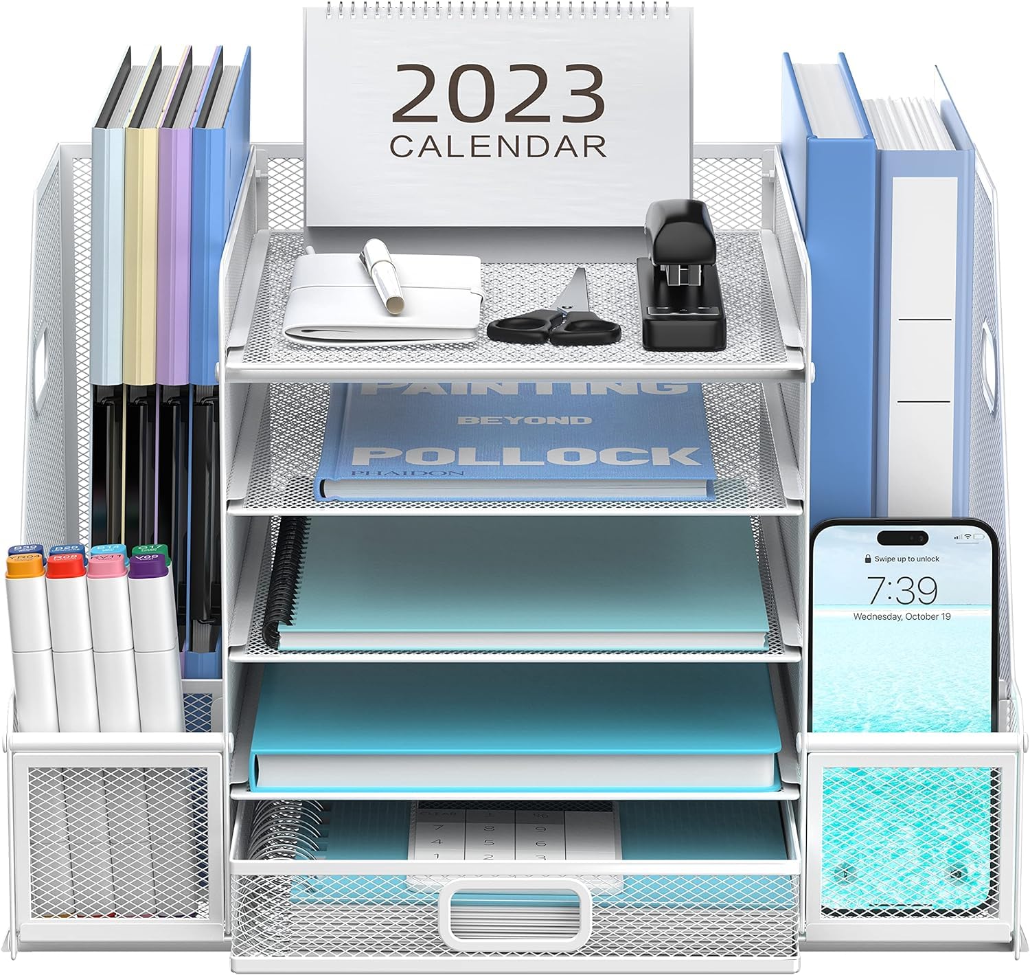 EASEPRES Brieflade bureauorganizer, 5 sleuven mesh papierhouder opslag archiefbakken voor A4-papier, zwart EASEPRES Brieflade bureauorganizer, 5 sleuven mesh papierhouder opslag archiefbakken voor A4-papier, zwart