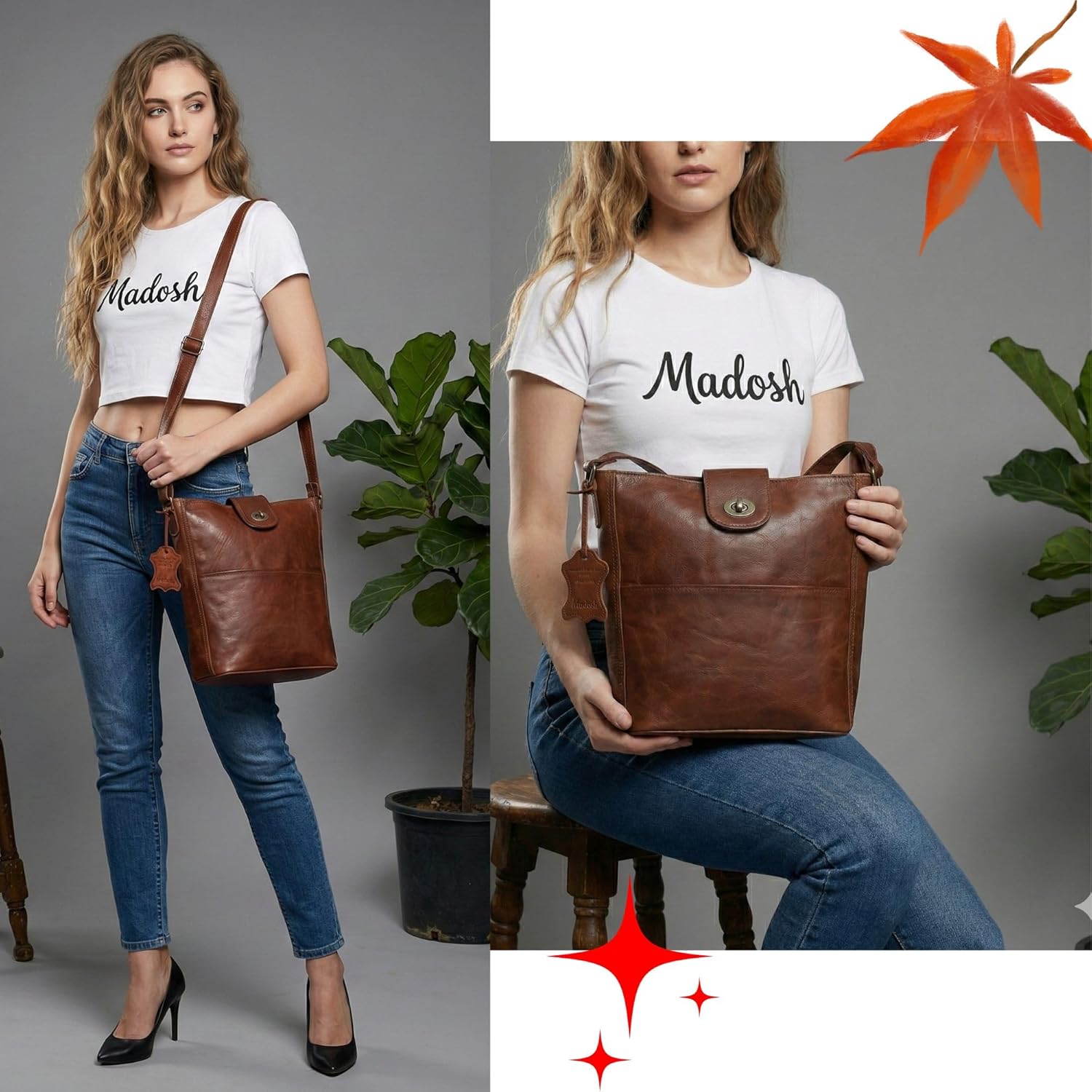 Madosh Women’s Genuine Leather Crossbody Bag – Shoulder Messenger Purse, Casual Handmade Satchel