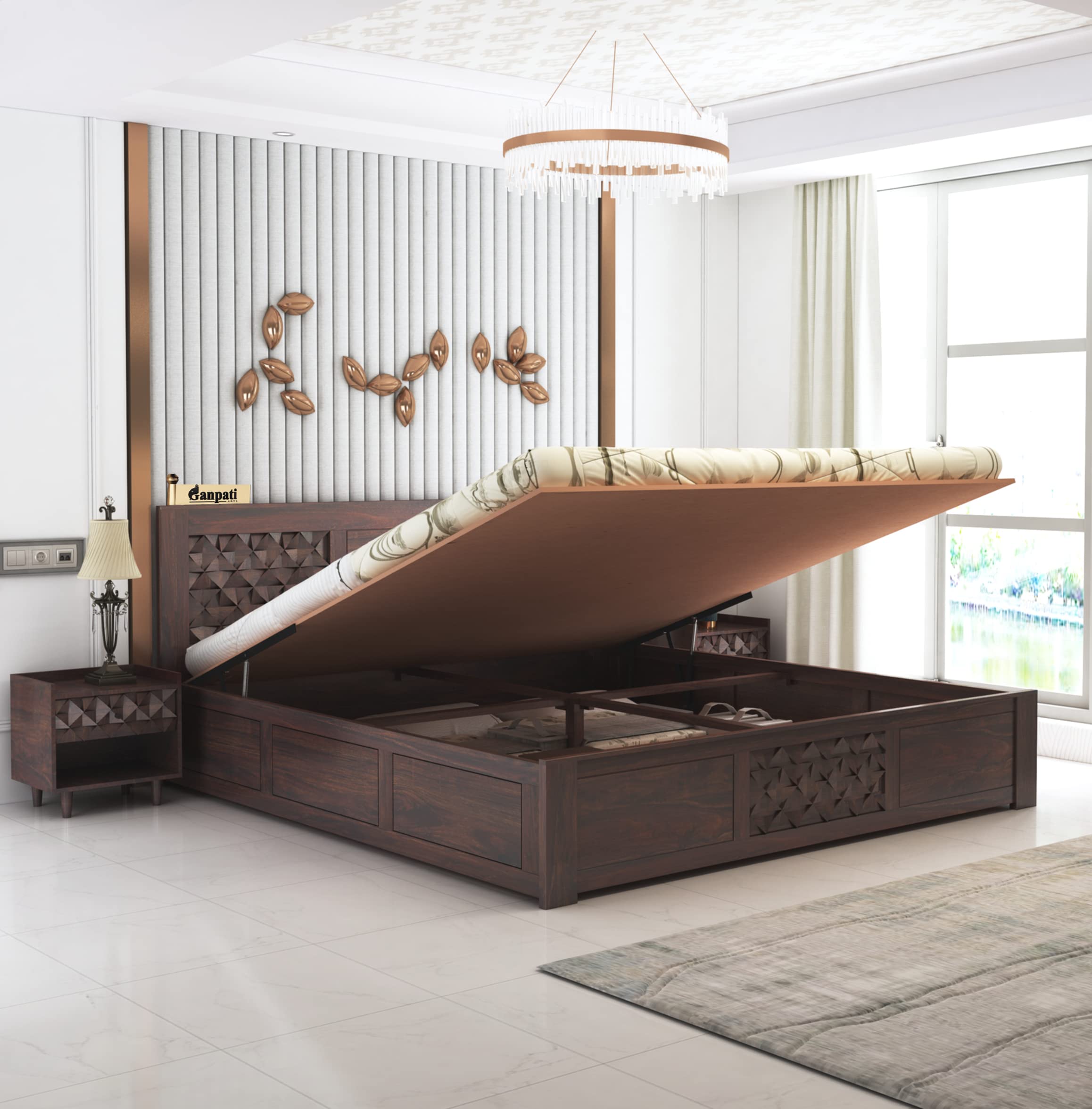 Ganpati Arts Solid Sheesham Wood King Size Raj Bed with Hydraulic Storage Wooden Double Bed Palang for Bedroom (Walnut Finish) 1 Year Warranty (B0BY4K6L9P) Amazon Price History, Amazon Price Tracker