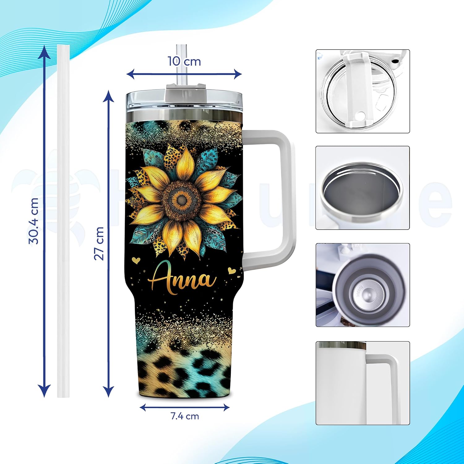 Hyturtle Personalized Leopard Sunflower Tumbler - Sunflower Gifts For Women Birthday - Inspirational Gifts On Birthday - Sunshine Present Decor - Custom Name Travel Coffee Cup 40 Oz With Lid Straw