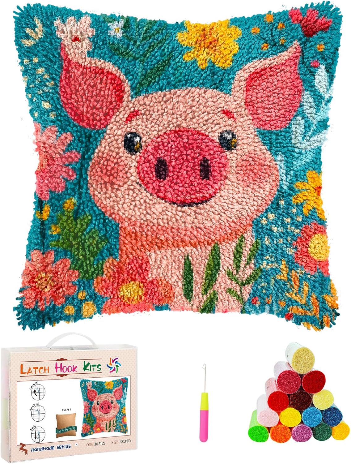 DIY Latch Hook Pillow Kits Cute Cartoon Pig in Flowers Stamped Handamade Pillowcase Crochet Yarn Hook and Latch Emboridery Throw Pillow Cover for Home Sofa Decor 43x43cm(22)