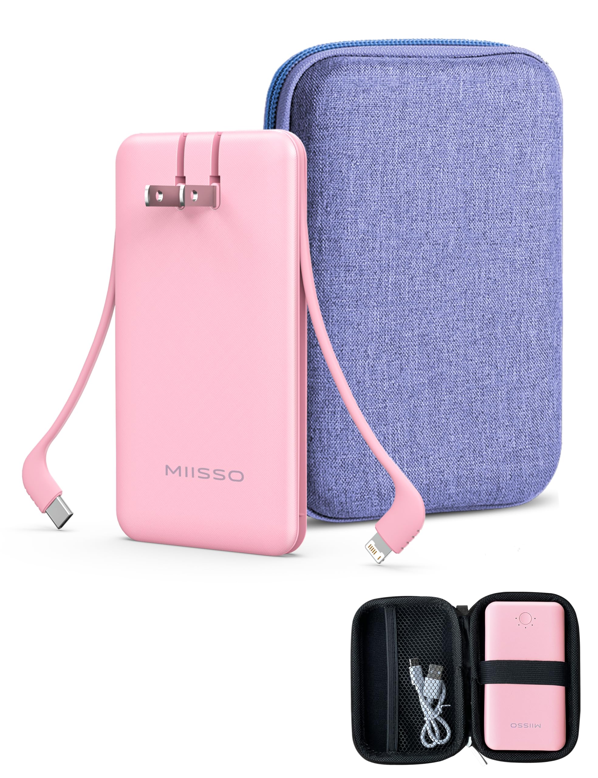 Ultra Slim 10000mAh Power Bank Built-in Cables and AC Wall Plug, Pocket Size USB C Portable Charger, External Battery Pack Compatible with iPhone Samsung, Package in Purple Hard Travel Case, Pink