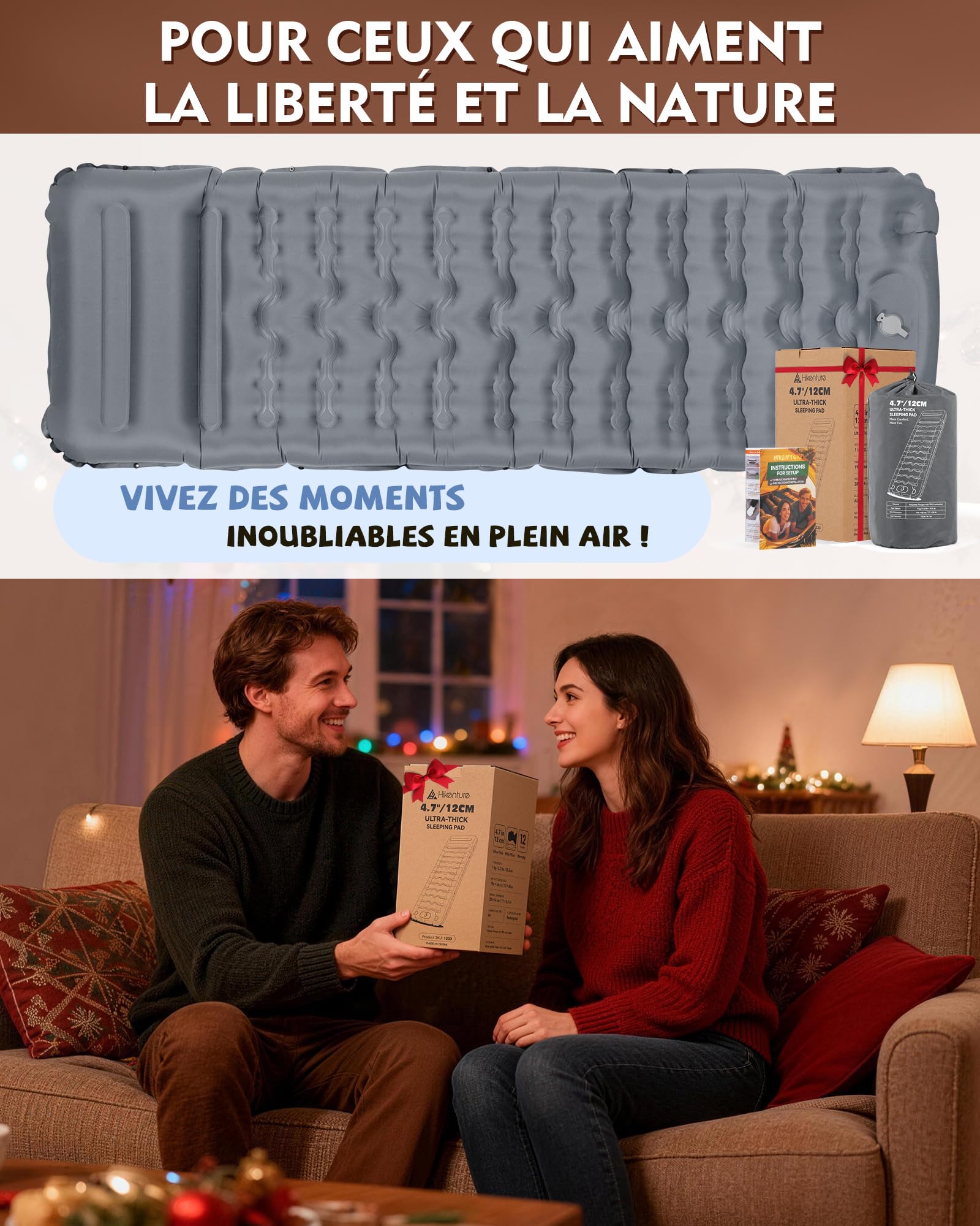 Matelas Camping Autogonflant 1 Personne 12 cm HIKENTURE avec Oreiller Intégré et Pompe à Pied - Gris