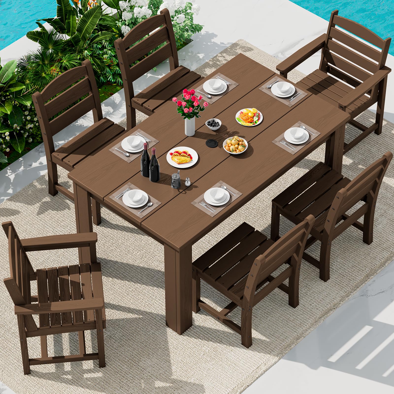 SERWALL 59" Patio Dining Set for 6, w/ 1 Table &amp; 6 Chairs, Brown
