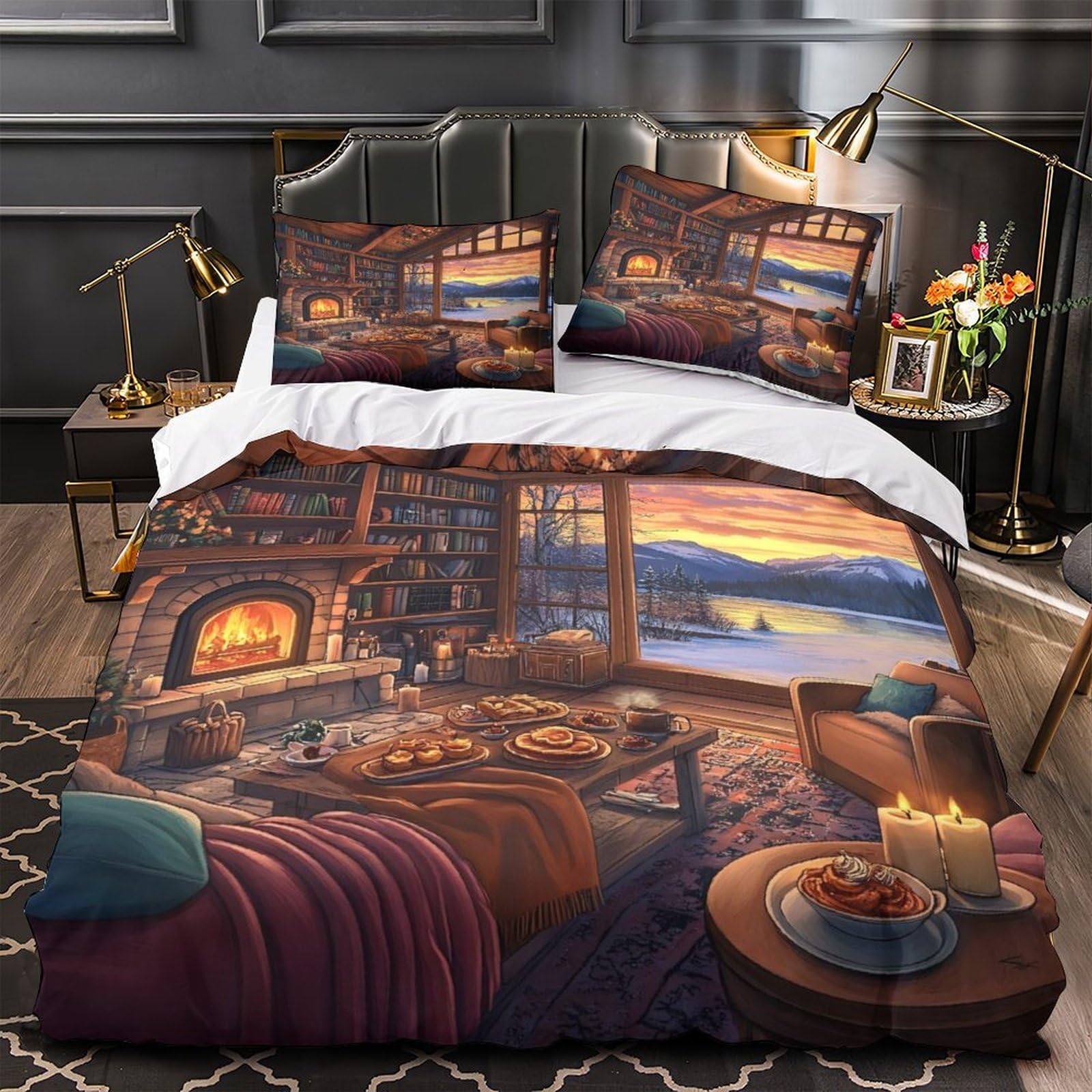 Housse de couette 200x200 montagne 3D pour une ambiance chalet en microfibre