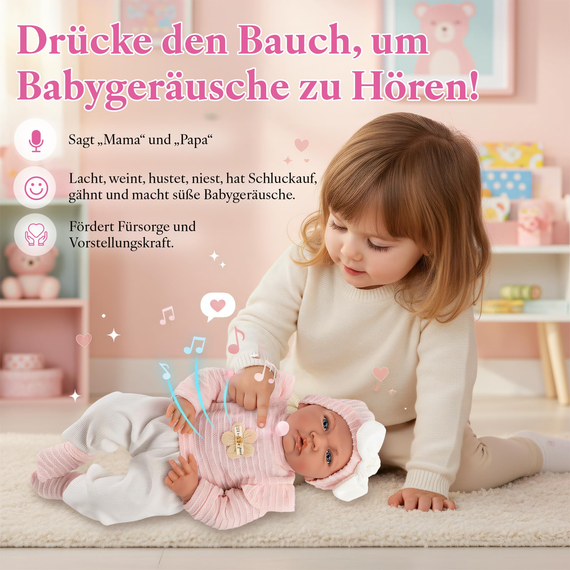 Kinderplay Lili Babypuppe 41 cm, realistische Weichkörperpuppe mit Geräuschfunktion und Schnuller, rosa Outfit, waschbare Kleidung, interaktive Puppe ab 3 Jahren, CE, Modell KP4204