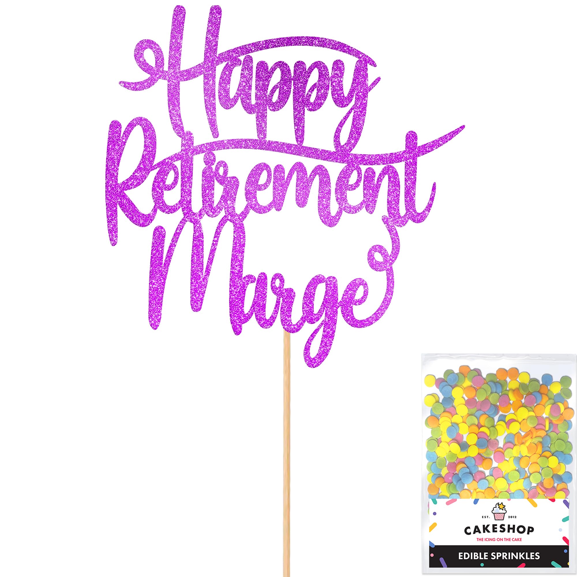 Cakeshop Personalised Happy Retirement Glitter Cake Topper With Sprinkles - Purple Custom Colour - Any Name - Double-Sided Glitter Card Cake Decoration - Custom Toppers for Cakes
