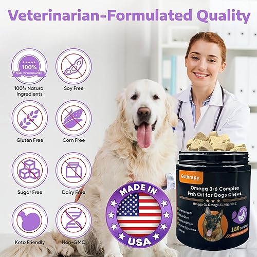 Miniatura 4 de Aceite de pescado para perros, suplemento de tratamiento omega 3 y 6 masticables, ácidos grasos EPA y DHA para picazón en la piel, desprendimiento y