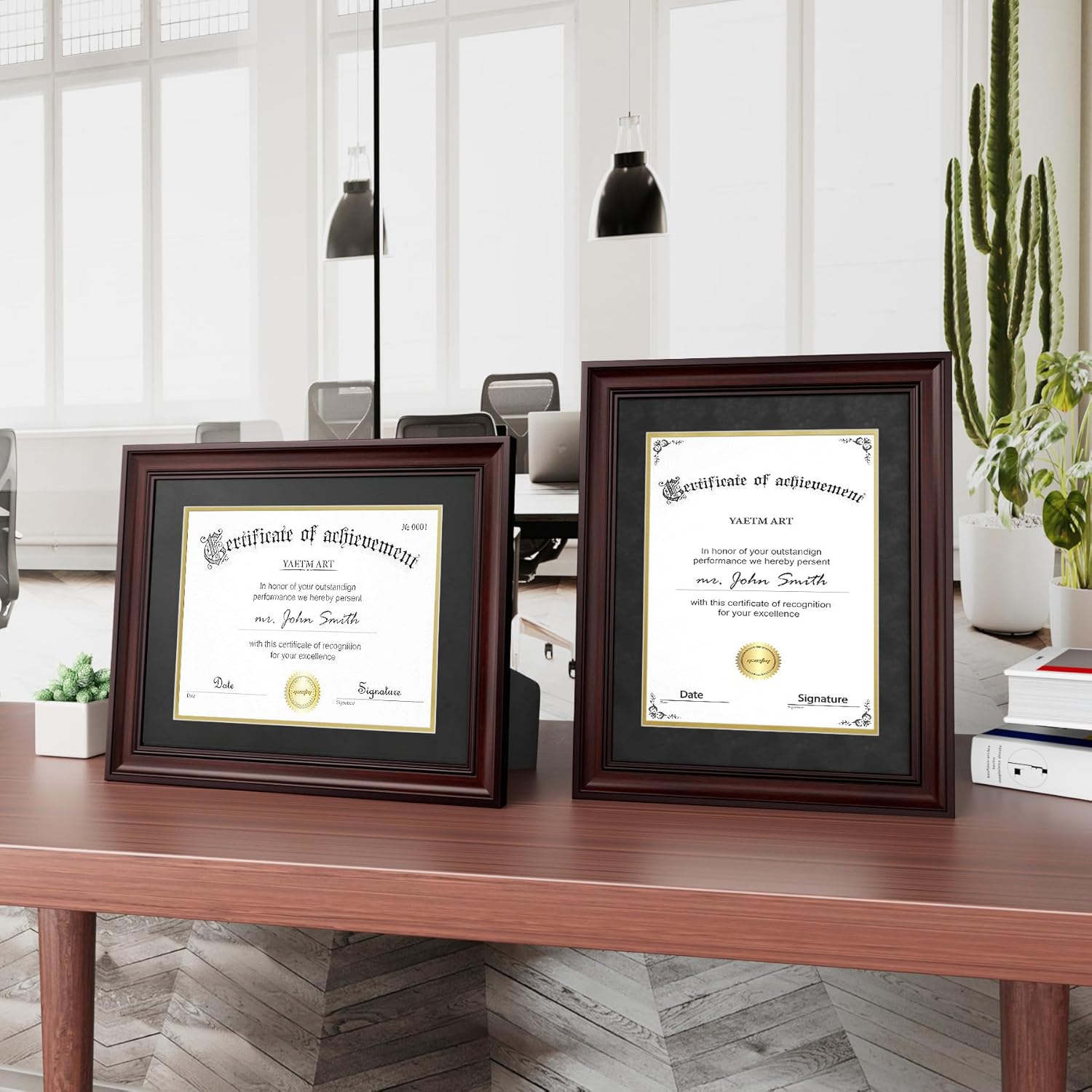 Yaetm 11x14 Diploma Frame, Certificate Frame with Tempered Glass, Display 8.5x11 Document with Black Over Gold Acid-free Mat or 11 x 14 without Mat, Wide Molding (Single, Brown)