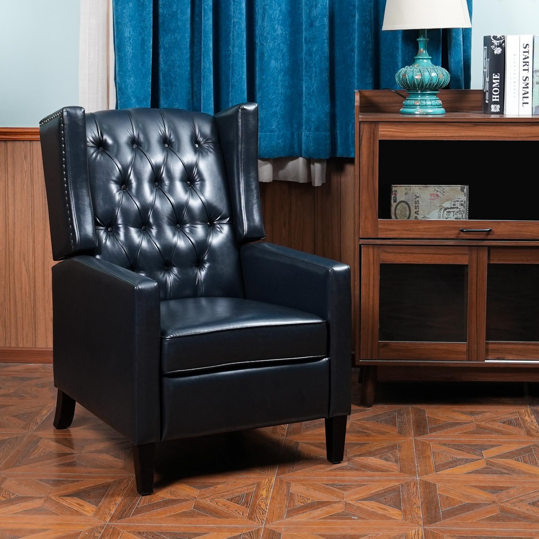 CONSDAN Recliner Chair, Leather Recliner Sofa with Soft High-Resilience Cushion, Living Room Chair with Button Tufting and Nailhead Trim, Black