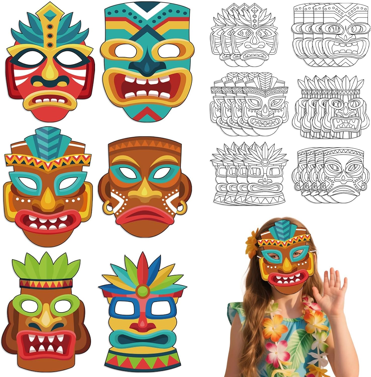 24 Pieces Color Your Own Tiki Masks Luau Crafts for Kids 6 Designs Blank Paper Tiki Masks to Color Aloha Crafts for Kids Hawaiian Luau Party Decoration Home Class Activity
